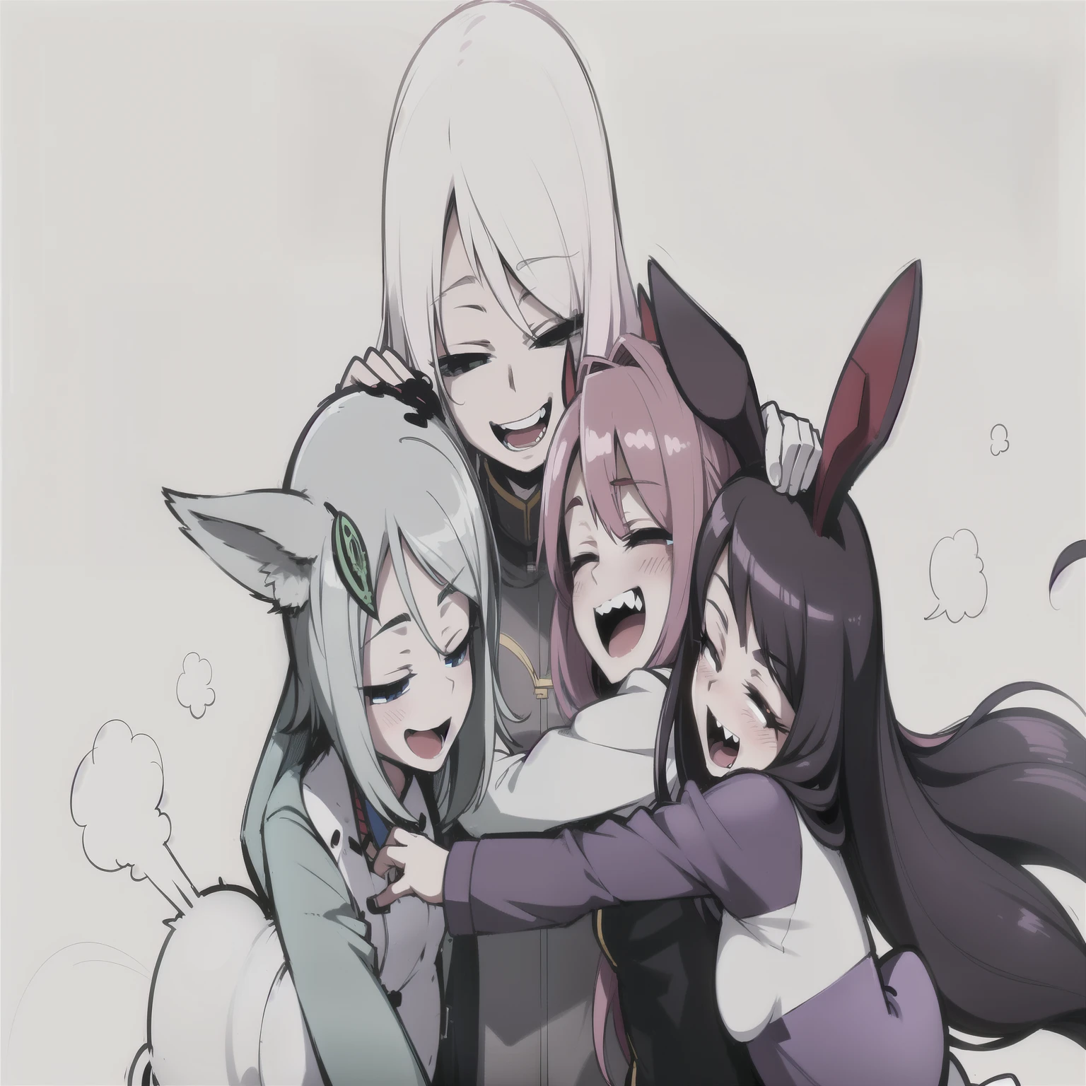 Anime characters hug each other with their arms around each other., digital art from Dangan Ronpa, From Arknights, from Girls' frontline, okay, Azur Lane characters, Girls' frontline universe, By Puru, Girls' frontline style, Plow collection style, A very chaotic Valentine's Day, Dangan Ronpa, smile in despair, corner, Girls' frontline
