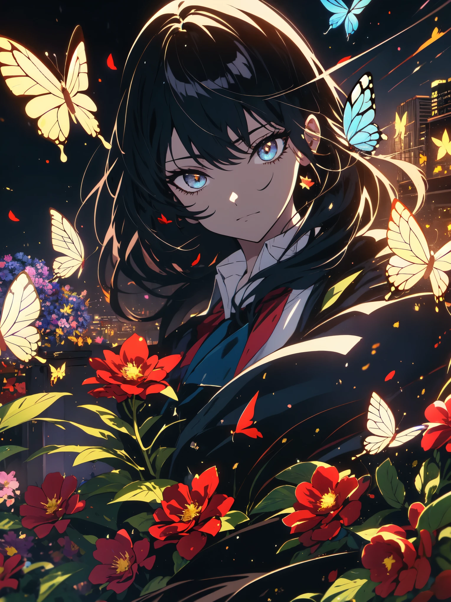 (Highly detailed anime art、 8K wallpaper),(masterpiece), (highest quality), (Super detailed), (best illustrations),(best shadow), cowboy shot, (sharp eyeliner, eye shadow, fine eyes:1), urban background, ,break , (star 15 school:1.2), hair ornaments, , 、(Flowers, butterflies and romance)、beautiful anime