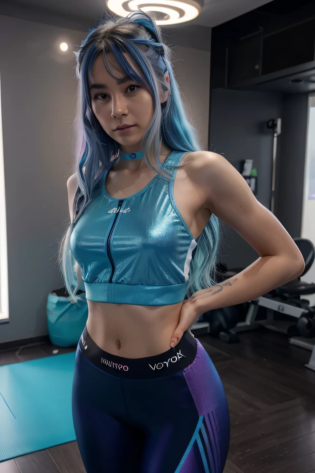Create Aiko, une jeune femme virtuelle de 25 ans, with an athletic look of 1,70 m. She has wavy blue hair with iridescent highlights., reminiscent of the Northern Lights, et des yeux violets profonds. Portant des vêtements de sport futuristes, colorful with dynamic patterns, Aiko incarne vitalité et harmonie. Elle utilise des accessoires high-tech, symbolisant un mélange de fitness et mindfulness. Aiko is a virtual muse who inspires well-being, joie et innovation.