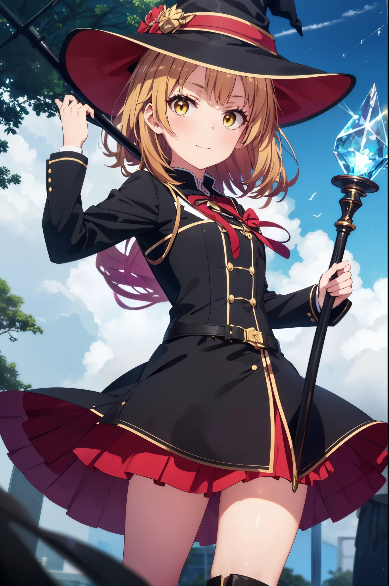 irohaisshiki, iroha isshiki, long hair, brown hair, (brown eyes:1.5), smile,witch hat,Witch Dress,long skirt,short boots,staff , holding staff, Both hands are holding a magic wand with a long crystal attached to it.,
"witch&#39;s contract": 月明かりに照らされたforestに集まったwitch&#39;s contractを示す暗くて雰囲気のある画像, Surrounded by swirling fog、Cast a spell under the watchful eye of a shining full moon,
break outdoors, forest,
break looking at viewer, (cowboy shot:1. 5)
break (masterpiece:1.2), highest quality, High resolution, unity 8k wallpaper, (shape:0.8), (fine and beautiful eyes:1.6), highly detailed face, perfect lighting, Very detailed CG, (perfect hands, perfect anatomy),