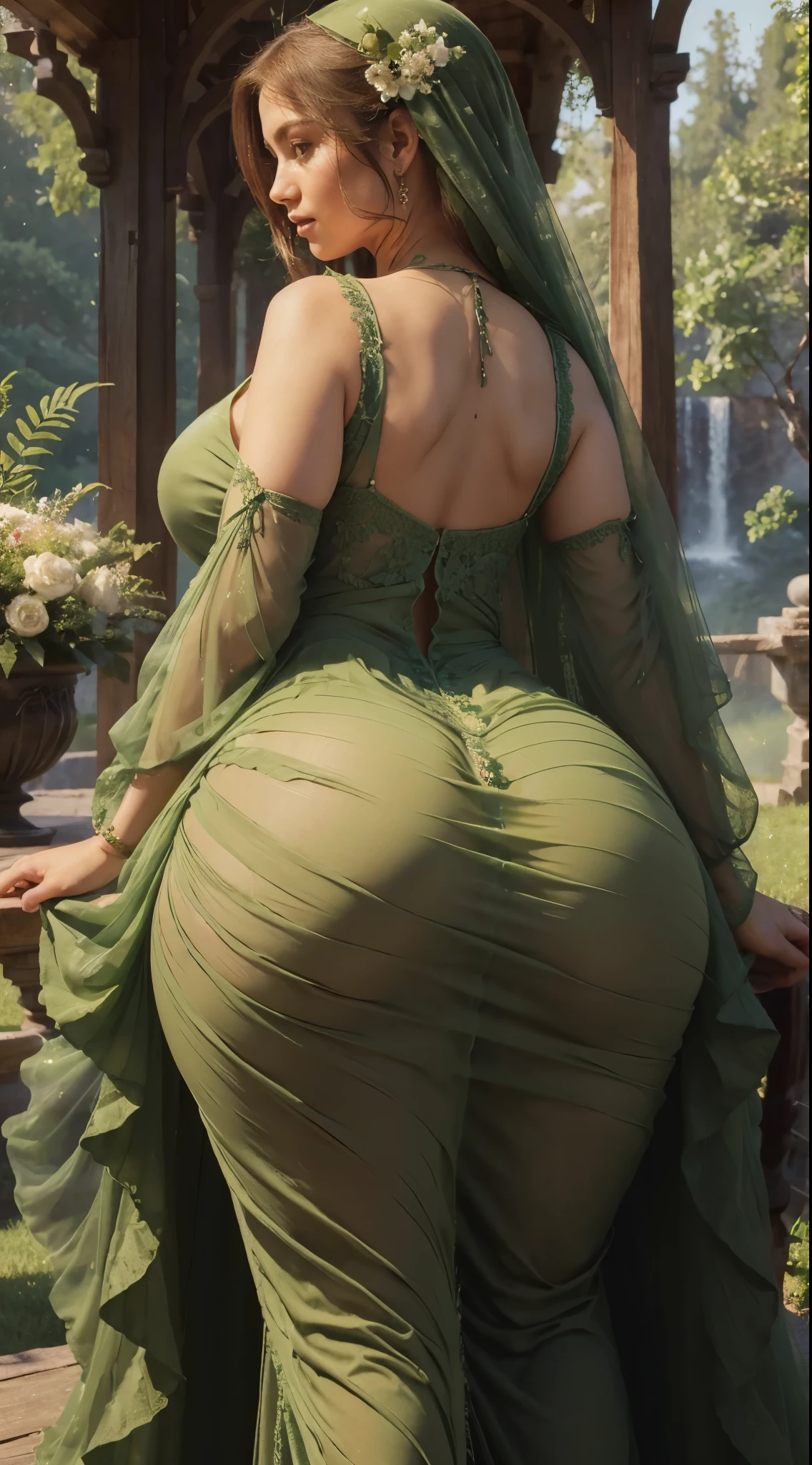 (green long dress, highly detailed and realistic dress, realistic nature, curvaceous and  body) [exquisite brushwork, stunning colors, soft lighting, serene atmosphere], (((big ass)))