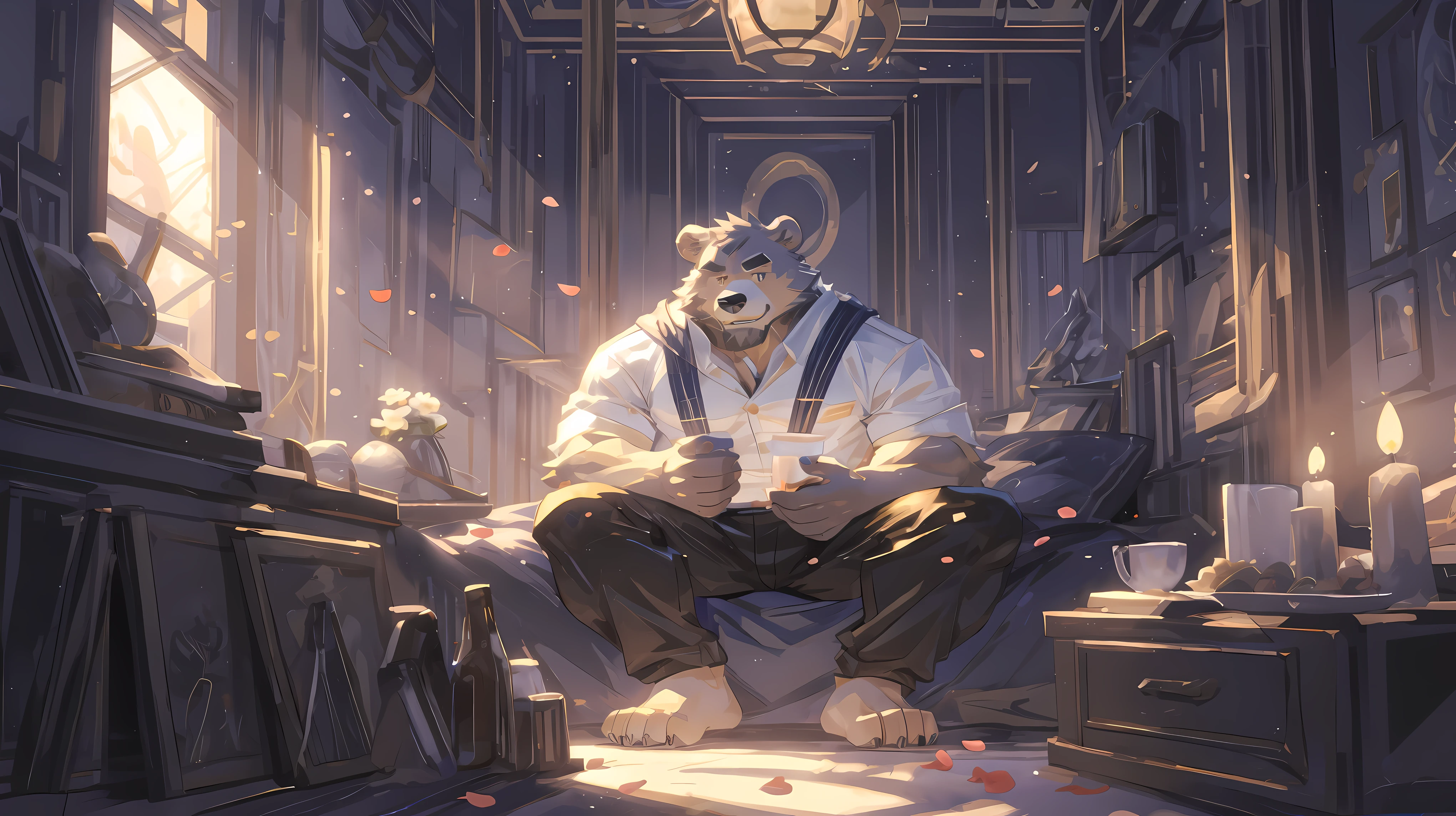 (masterpiece:1.2), best quality,pixiv,official art,(Ray tracing, light), (flower petal in the sky :1.3), (1_male:1.3), (solo:1.2) , portrait , (muscle), (gray fur:1.4), (muscle bear), (bear tail), (beard:1.2), (gleaming golden eyes), Thick eyebrows, open hoodie, naked inside, looking at viewer, full body , indoor , bedroom, highfloor ,building, morden