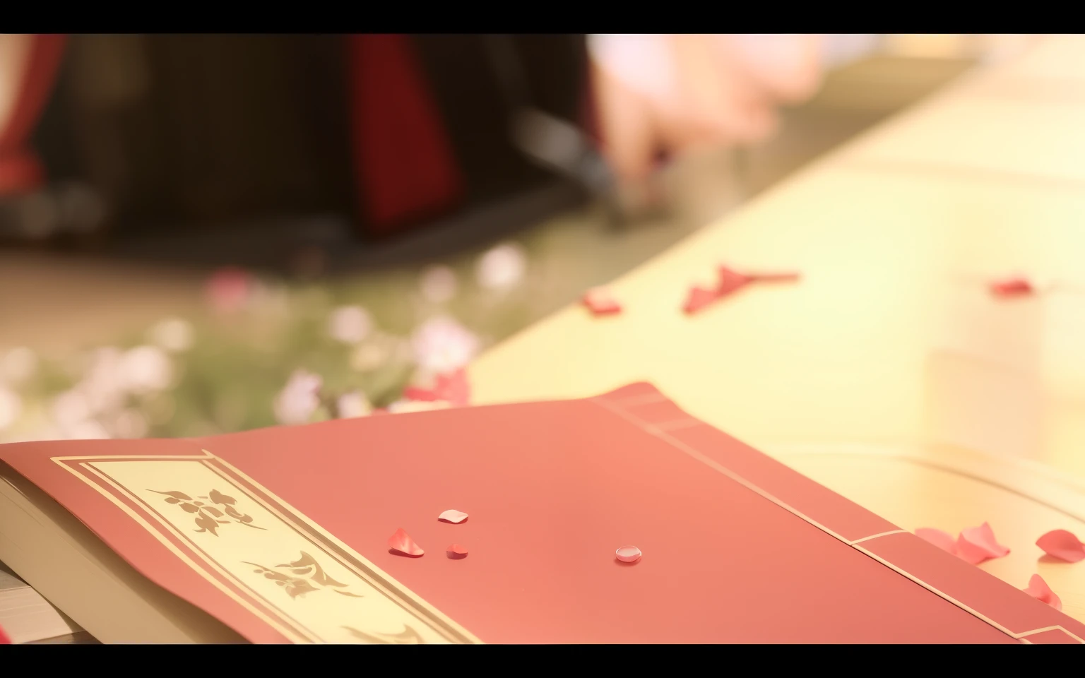 There is a book with a red cover on the table, storybook wide shot :: HD, movie screenshots, Movie scene close-up, movie details, Movie screenshots, opening scene, The most beautiful scene, Detailed shots, trailer, 4 0 9 6, close shot, video static, YouTube video screenshot, close-up, look at that detail!