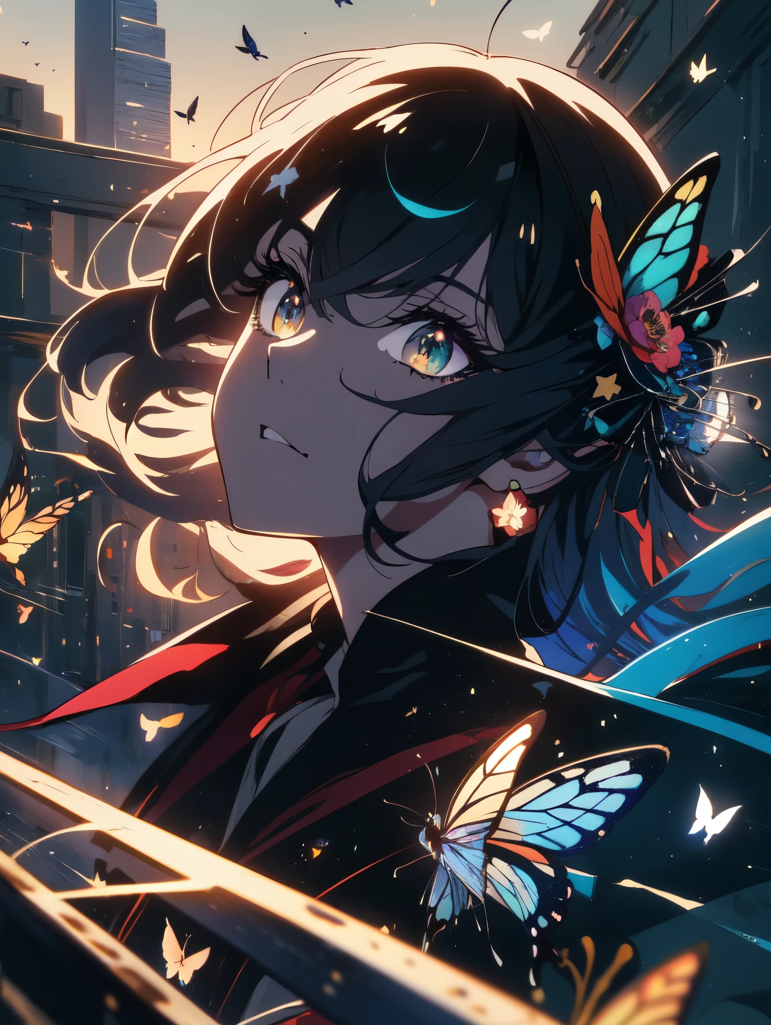 (Highly detailed anime art、 8K wallpaper),(masterpiece), (highest quality), (Super detailed), (best illustrations),(best shadow), cowboy shot, (sharp eyeliner, eye shadow, fine eyes:1), urban background, ,break , (star 15 school:1.2), hair ornaments, , 、(Flowers, butterflies and romance)、beautiful anime