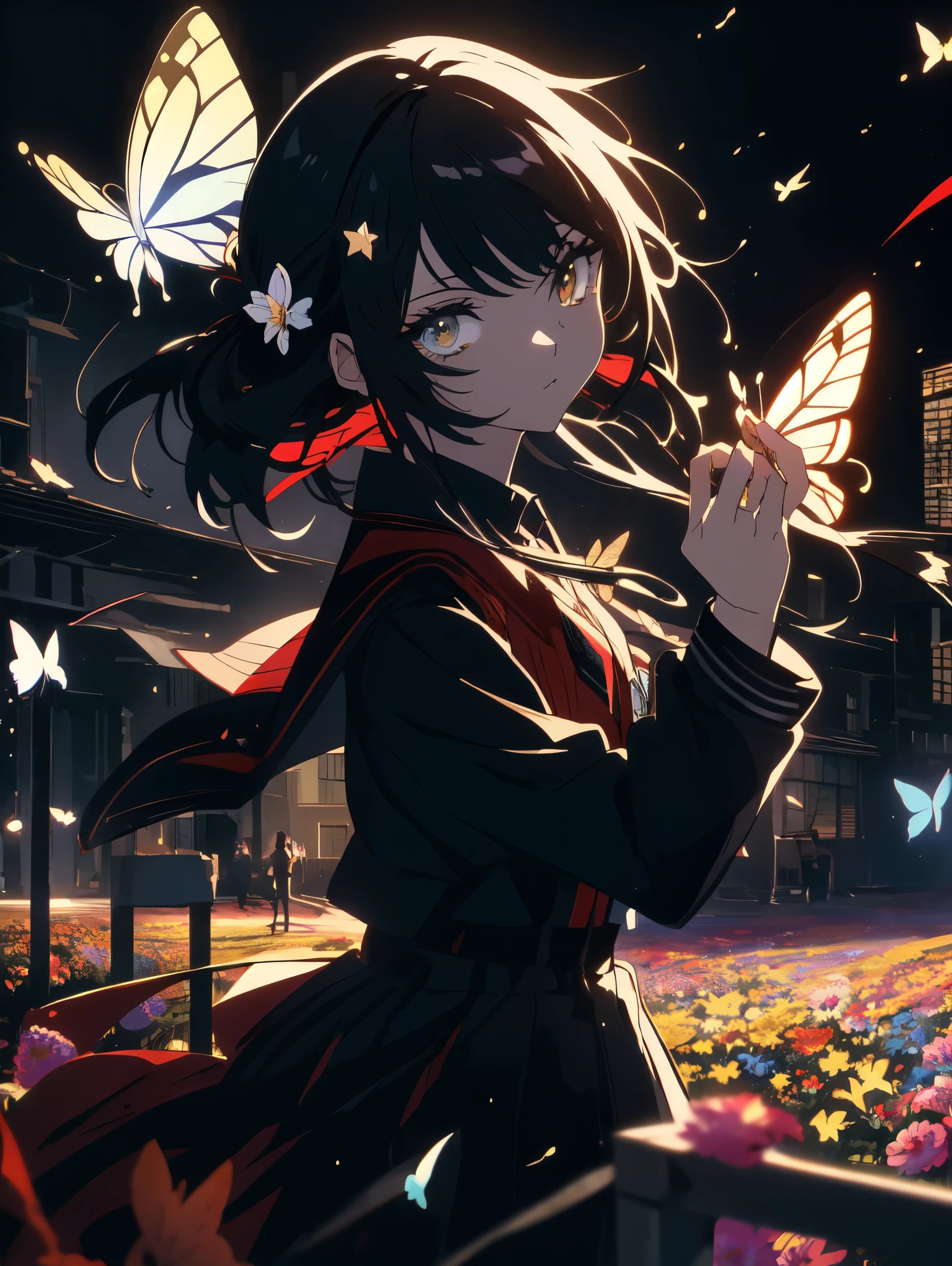 (Highly detailed anime art、 8K wallpaper),(masterpiece), (highest quality), (Super detailed), (best illustrations),(best shadow), cowboy shot, (sharp eyeliner, eye shadow, fine eyes:1), urban background, ,break , (star 15 school:1.2), hair ornaments, , 、(Flowers, butterflies and romance)、beautiful anime
