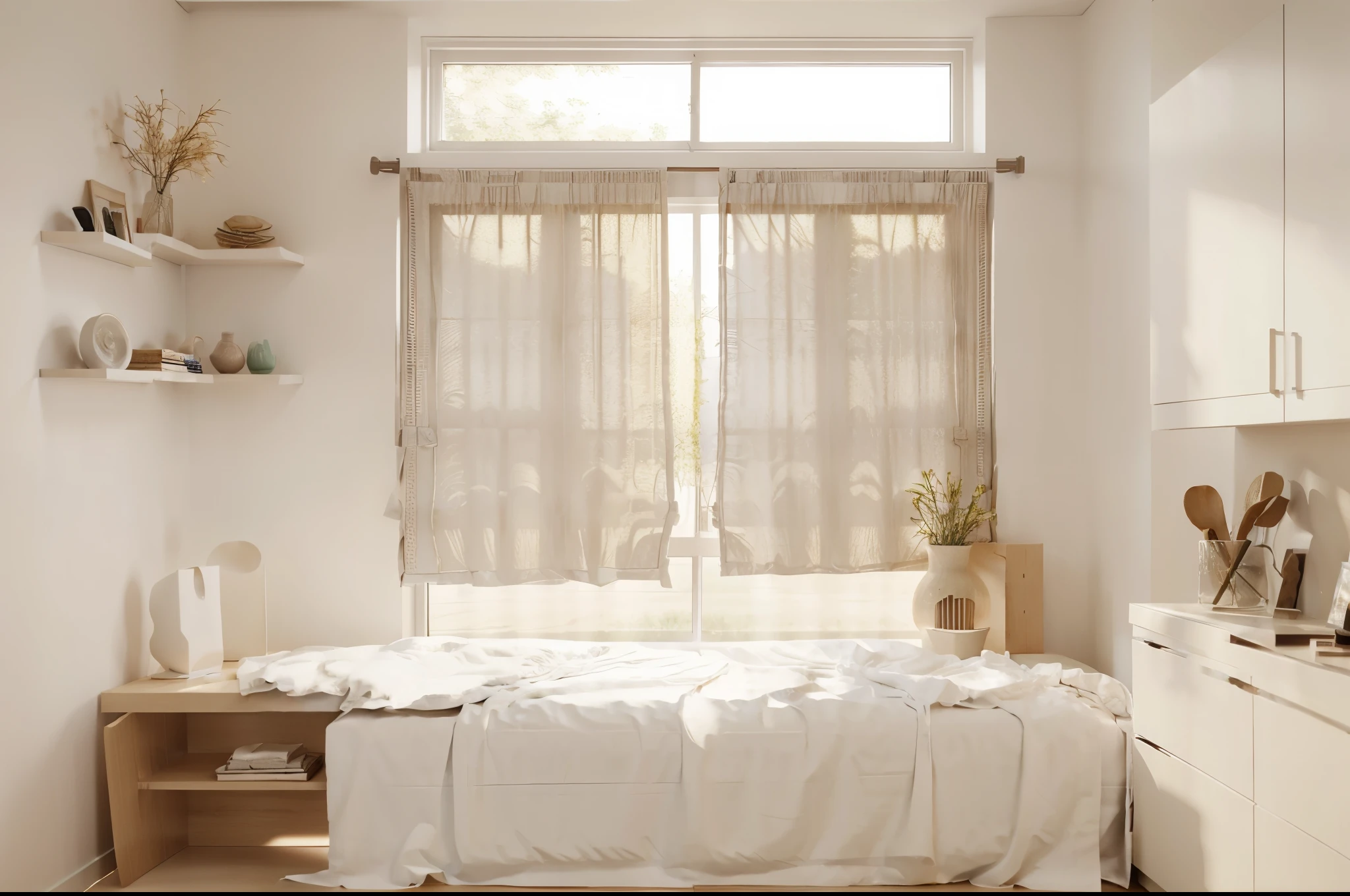 photo，masterpiece，Window lighting , C4D，Empty product display scene，No obstruction in front of curtains，Front view，First-person perspective，Head-up shooting，real scene，no humans，Neat and tidy