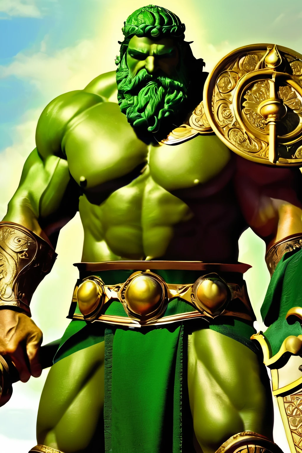 a muscular green humanoid figure, incredibly detailed and hyper-realistic, contemplative staring upwards, dramatic powerful pose, marble statue, gold paint highlights, Greek temple background, cinematic lighting, photorealistic, 8k, best quality, ultra-detailed, masterpiece