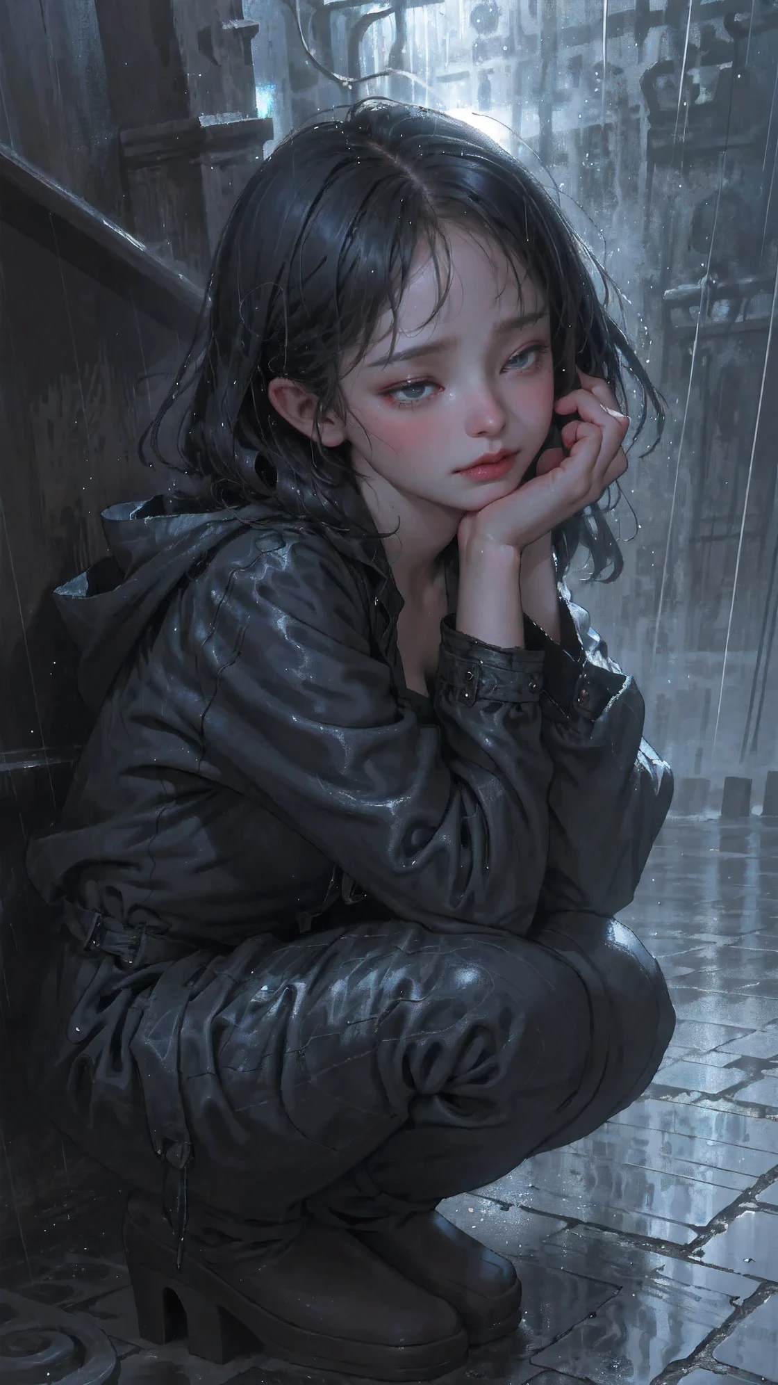 (masterpiece:1.2, best quality), (real picture, intricate details), (night, dark, downpour:1.4)
The alley was empty, the surroundings were silent, Only raindrops sprinkled on the low tile eaves far and near, making a slight rustling sound. in the cold rain, (1 girl, wet hooded jacket, sad, with tears in eyes,close eyes, scream, trembling:1.2) squat on the ground,