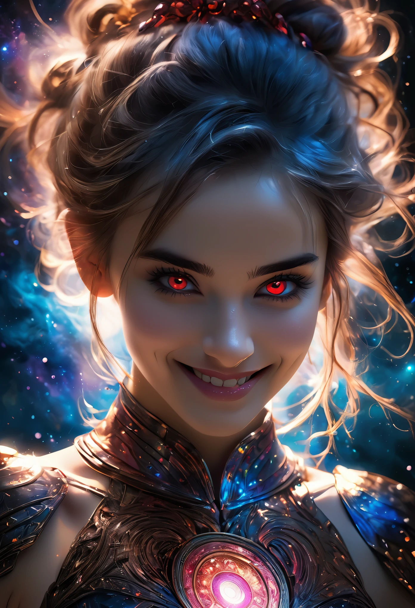 (1 beautiful teenage Italian-Japanese girl),(wears iridescent bodysuit with beautiful fractal or marble design:1.5),(She wears gauntlets with a detailed and very beautiful design decorated with jewels:1.6), ((Shie is showing her armpits:1.6)), incredibly spectacular scene, ((high quality)), ((fantasy)), blue plasma brain, green plasma body, obscene, average, (despicable:1.2), (immoral:1.2), (Small breasts with beautifully raised pink areolas:1.5), (expression of ecstasy:1.2), hyper realistic photo, official art, Unity 8K Wallpaper, 8K portrait, high quality, very high resolution, (incredibly beautiful nature background:1.6), (18-year-old:1.5), (sexy and glamorous:1.1), (coquettish expression:1.6), (smile seductively:1.6),  (erotic pose:1.9), (model pose:1.8), beautiful seductive face, portrait, (thick eyebrows:1.4), (big scarlet eyes:1.6), Beautiful eyes with high bilateral symmetry, (highly detailed eyes:1.4),(highly detailed face and eyes:1.7), (High resolution red eyes:1.8),  (Super detailed skin texture:1.4), super detailed pale skin, perfect anatomy, thin, (Beautiful muscular toned body:1.6), highly detailed jet black hair,  (moist skin:1.2), no makeup, (Bear:1.1), excellent anatomy, Focus plane, good looking, (emilia clarke:0.1) (emma watson:0.3),(jennifer connelly:0.24),  (A delicately crafted necklace is wrapped around her neck), (Bioluminescence with a brilliant glow:1.4), (Shining magic circle:1.5), ruins of an ancient castle, Shining majestic clouds and sky, lightning, spectacular realistic, (greg latkowski:0.8), (teal and orange:0.4), (art station:1.5), cinematic, (NSFW:1.6), dramatic light, (intricate details:1.1),Milky Way, (nebula:1.6), dark Knight, Focus on fully armored body