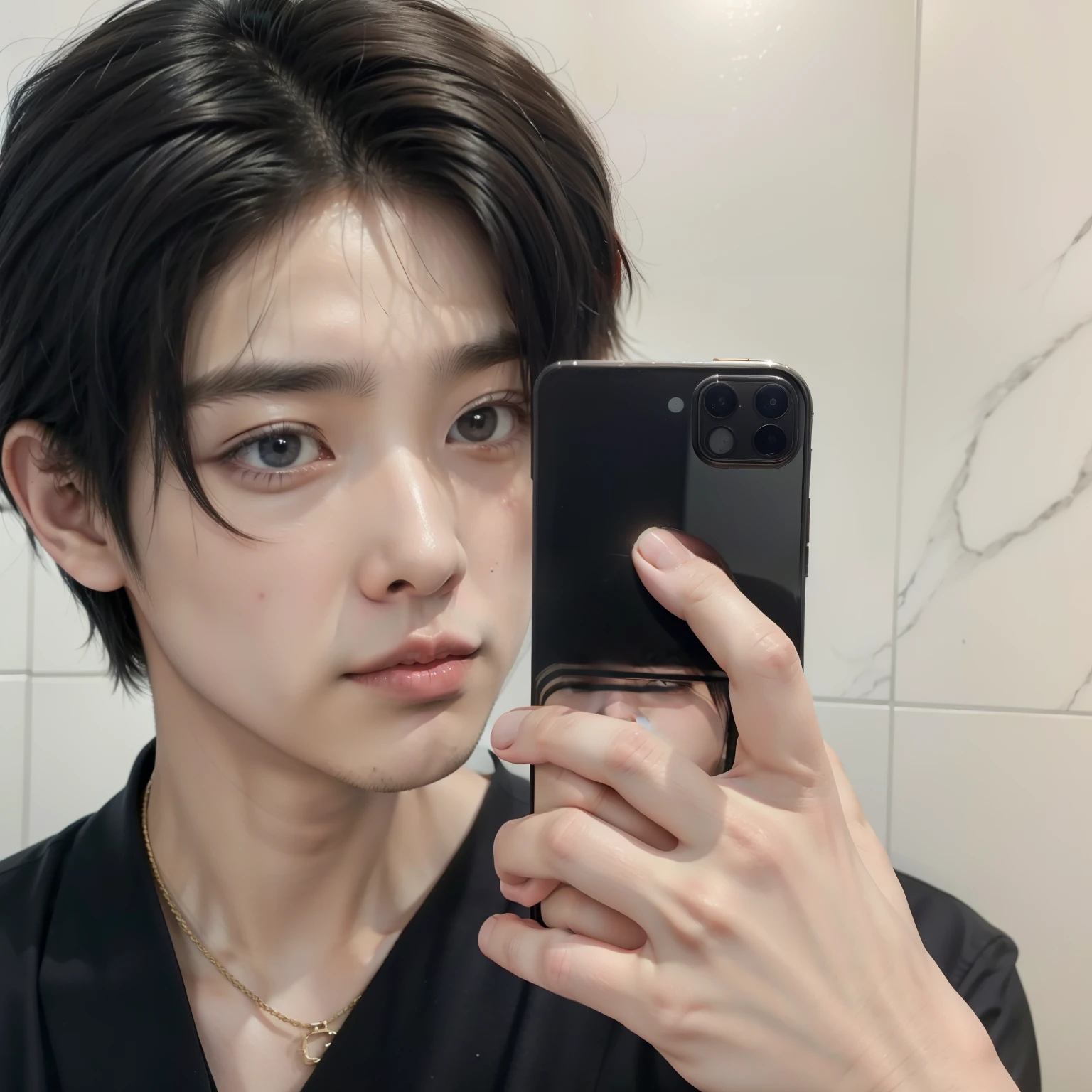 there is a man who is taking a selfie in the mirror, Cai Xu Kun, jinyoung shin, inspirado por Zhang Han, 1 7--old  with a thin face, pintar ulzzang, Jung Jaehyun, aesthetic jinyoung pimple, hyung tae, heise jinyao, con el mismo peinado, handsome japanese demon boy, hombre surcoreano