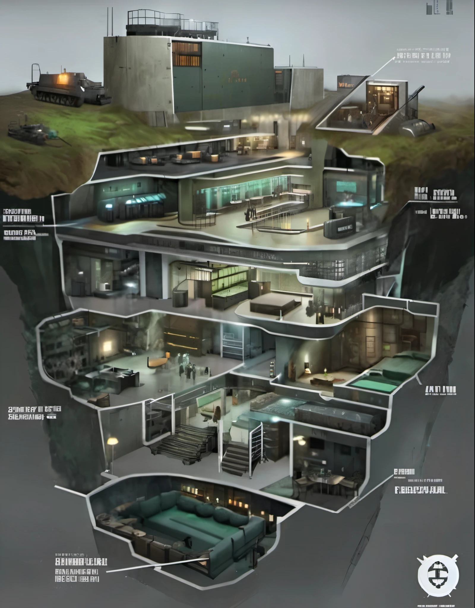 Diagram of a building with many rooms and many tones, 地下bunker, underground laboratory, secret underground laboratory, Various lounges,huge hierarchy, bunker, Resident Evil Virus Concept Art, underground room, dungeon, Inspired by Dennis Miller Bunker, alien habitat, Concept art is very detailed, Underground facilities, cave system, segmented, villain's lair,Multifunctional area,