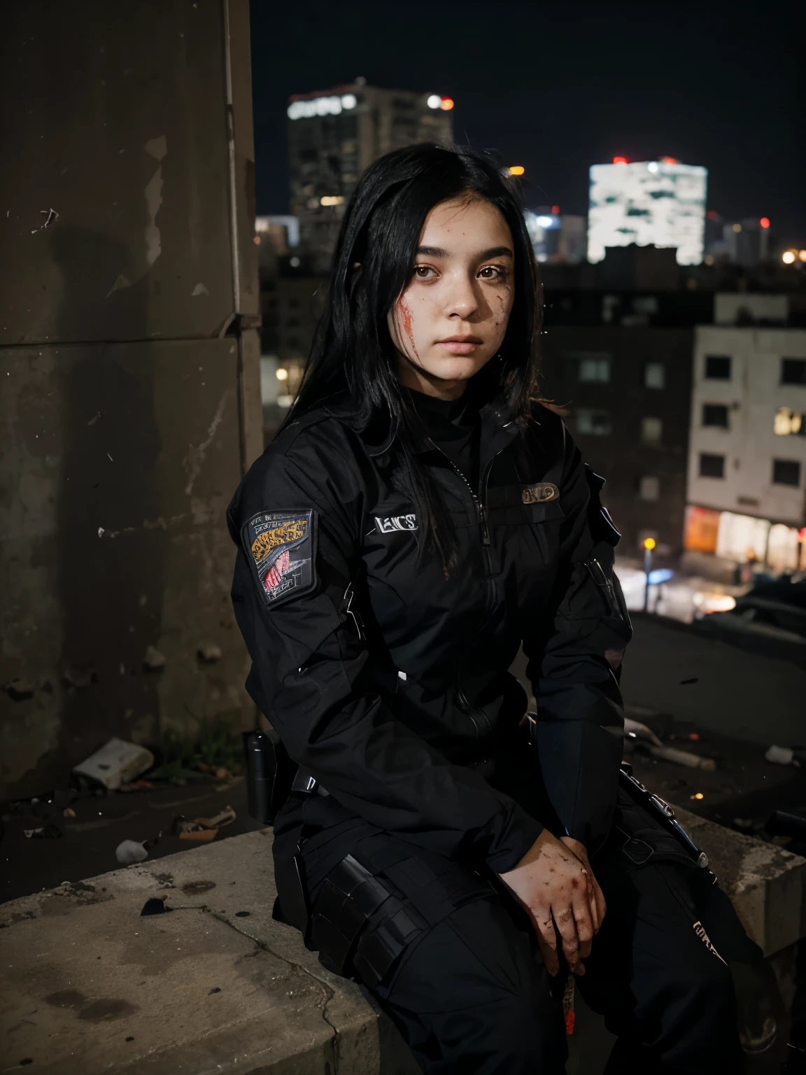 r girl (black hair, face with bloody wounds, wearing a tactical suit and holding a gun), background (night urban), teenager girl sitting on the ruin with a glimpse of shadow