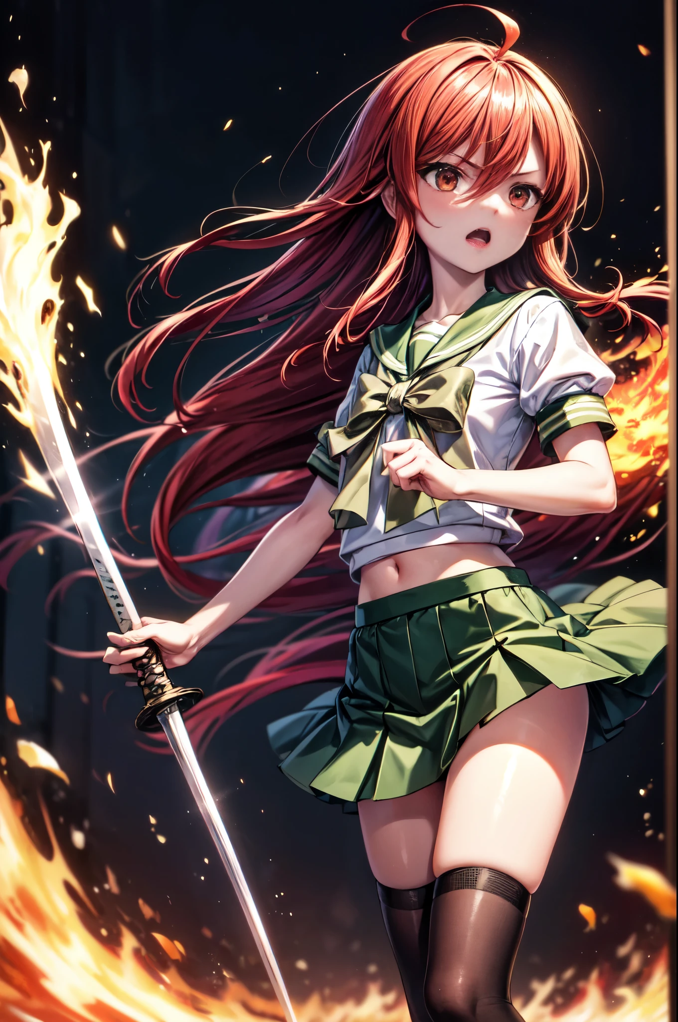 1 girl, cowboy shot, rubble ruins, anger, (battle preparation:1.2), open your mouth, (night:1.2), explosive inflammation,shana, red eyes, redhead, very long hair, hair between eyes, (Ahoge:1.1), , , serafuku, white shirt, short sleeve, green skirt, Thighhighs, black rider suit,In his left hand he holds a Japanese sword wrapped in flames..,highest quality, masterpiece, High resolution, 