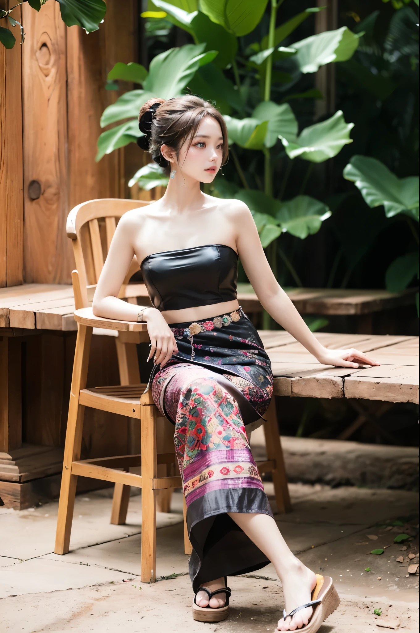 (masterpiece, best quality:1.2),1girl, black hair, breasts, brown eyes,Dai ethnic skirt, flower, leaf, lily \(flower\), strapless dress,Sitting on a chair,Chinese Dai ethnic clothing, lily pad, lotus, plant, potted plant, sandals, short hair, sitting, solo, white flower, wooden floor