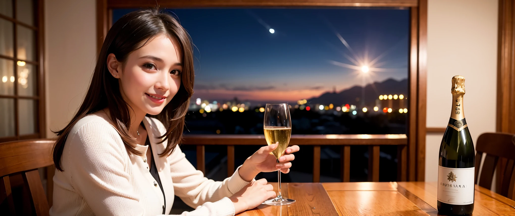 K, Hmm, highest quality, masterpiece: 1.2), (realistic, photorealistic: 1.37), Spectacular view of the sunset sKy and clouds、Amazing mountain views、3 slim beauties, (slim face),Happy、 the best smile、Fox face、Berry Short、(because I'thin), (brown hair), (shortcut), long sleeve shirt、winter fashion、Colombian、Brazilian、Japanese、Dutch、German、Portuguese、Belgian、Italian、French,Champagne、sparKling wine、 (Squirting), (slim body), (brown hair), (shortcut), neat beauty、cheeKs turn a little red, (40 years old), 38 years old, alone, A beautiful and detailed night view spreads out outside the window......., restaurant, wine glass is sitting, At night, in a prominent place (from the Upper body) nova frog style, actress, model, Upper body, White wine, slim, wine glass, Very beautiful night view, wine glass Put in the Middle, Happy smile, (smile: 1.15),