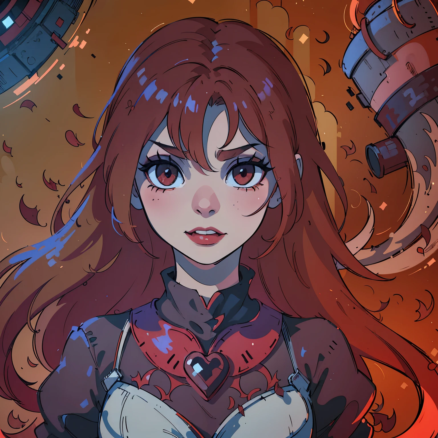 (best quality,4k,8k,highres,masterpiece:1.2),ultra-detailed,(realistic,photorealistic,photo-realistic:1.37),blood red hair,blood red eyes,extremely detailed eyes and face,lighter skin,vivid colors,dark shadows,dramatic lighting,gothic,horror,portrait,very red hair,beautiful nose,smile, Do not alter the hair fringe,Red lipstick, smile with beautiful teeth, Regular mouth not too big