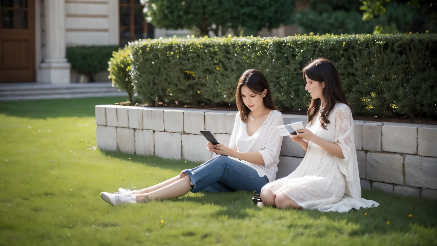 Long shot of a European and American woman in casual clothes sitting on a stone playing with her mobile phone. There is a tea cup and a book next to the courtyard grass. Super fine grass with fine facial features.