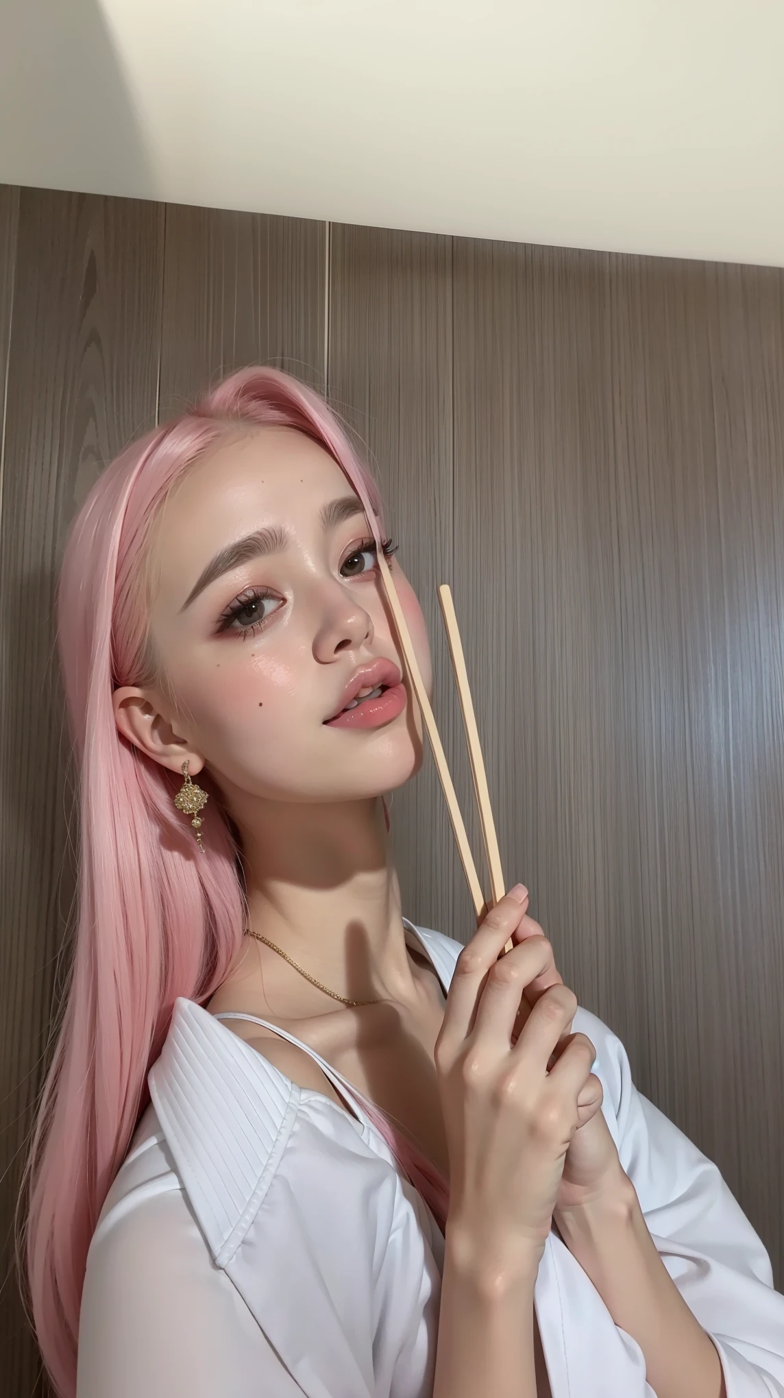 a woman con cabello rosado holding chopsticks in front of her face, she parece una mezcla de mugre, estilo durazno y goma, con cabello rosado, doja cat, con una pajita, pelo liso rosa, 18 years, parece una mezcla de mugre, Dua Lipa, parece una mezcla de mugre, ava max, pelo largo color chicle