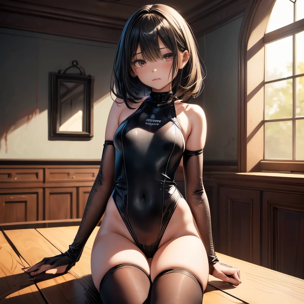 12 year old girl, Wearing a black high-leg swimsuit, very detailed, 8k, Lifelike Full HD、sitting at the table, empty eyes, Blood, spider web, Messy, doll, A ghost appeared, Abandoned mansion, horror, scared, Ghost, Creepy, there are no humans, no light