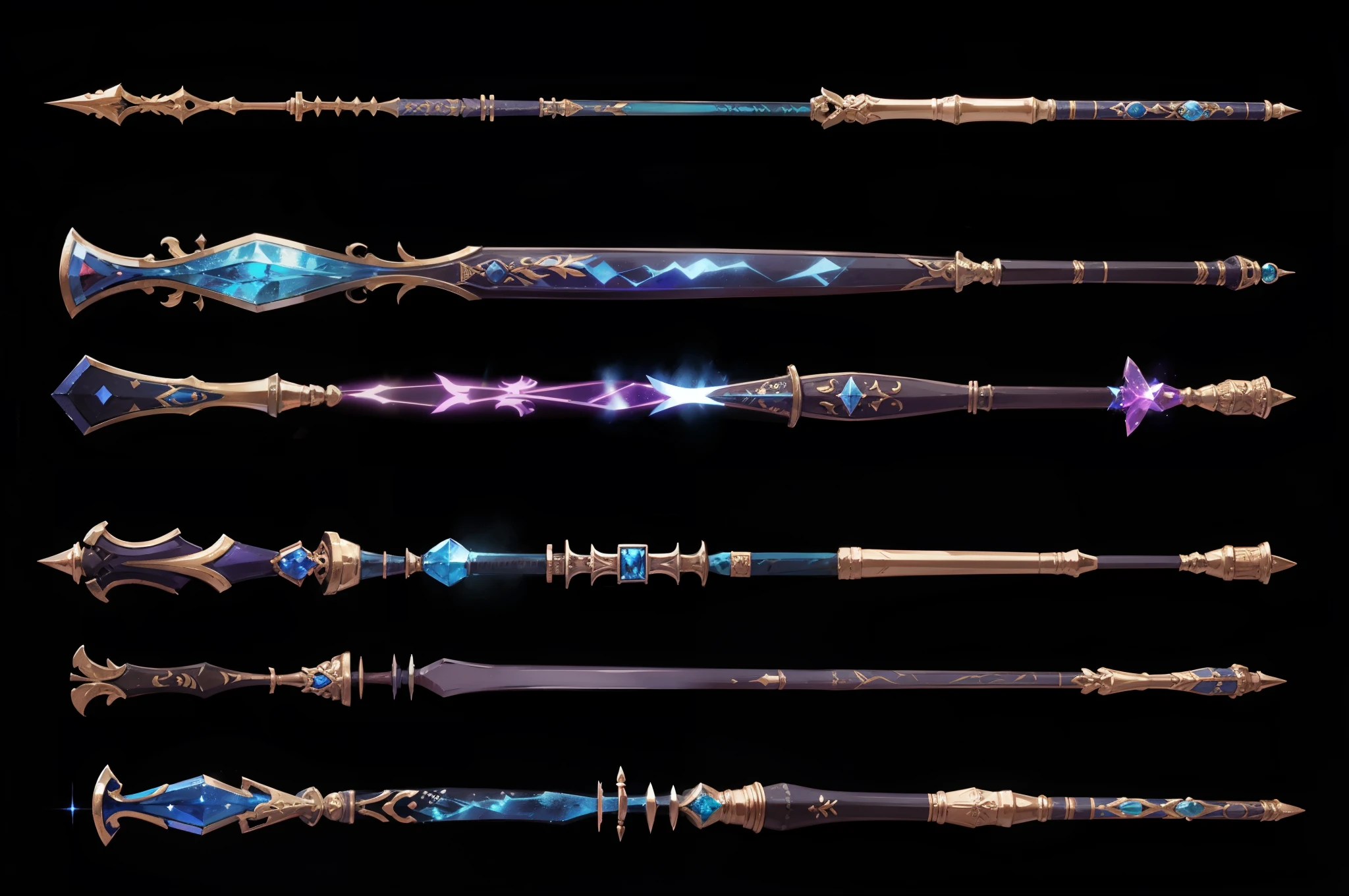 a close up of a set of four different colored weapons, wizard magic staff, wands, magic staff, magic wooden staff, holding wands, wand, magic artifacs and magic weapons, fantasy rpg weapon art, magic wand, glowing draconic staff, magical fishing rod weapon, concept art magical highlight, rpg game inventory item, holding wand, draconic staff