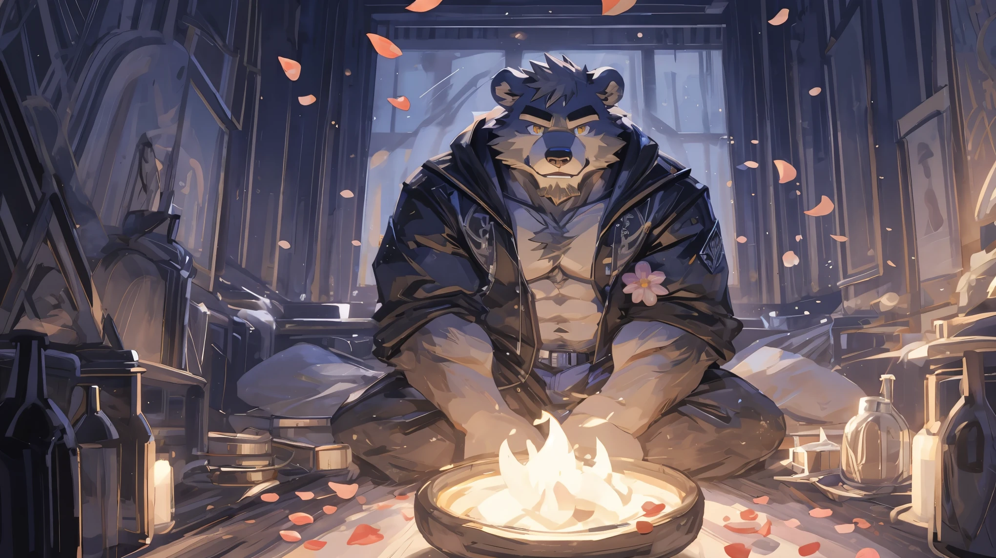 Baby Face, Muscle Gut, Big Chest, Cute bear boy, Brown fur, Blushing, Troubled face, Grit your teeth, ((Sweat a lot)), Loose tank top, Old generation white briefs, penis, Glans, (Masturbation), (Massive ejaculation), sitting cross-legged, Japanese traditional house, Veranda, Japanese cushion, (Look down), Candlelight in a dark room, Late Night, Hide so you won't be found