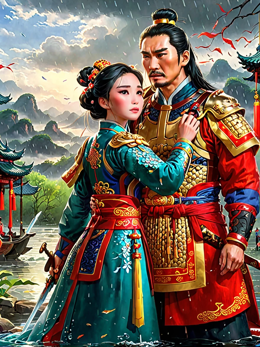 Chinese general and beautiful concubine standing by the river，Both of them had tears on their faces，Sadness and crying。((The general holds his sword to his neck:1.5))，despair，((The princess burst into tears beside him))，sad scene，downpour，Emphasizing the extent of their tragedy and the emotional depth of their farewells，traditional Chinese attire, and emotional expressions should all contribute to a vivid portrayal of their tearful, heartbreaking moment.