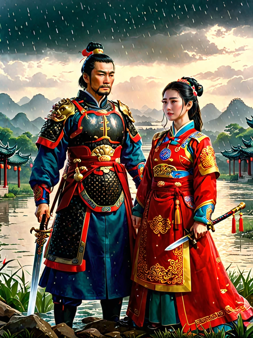 Chinese general and beautiful concubine standing by the river，Both of them had tears on their faces，Sadness and crying。((The general holds his sword to his neck:1.5))，despair，((The princess burst into tears beside him))，sad scene，downpour，Emphasizing the extent of their tragedy and the emotional depth of their farewells，traditional Chinese attire, and emotional expressions should all contribute to a vivid portrayal of their tearful, heartbreaking moment.