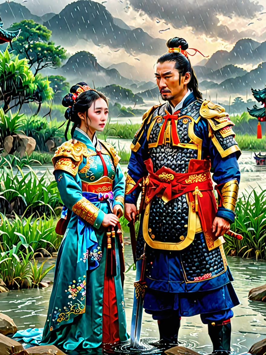 Chinese general and beautiful concubine standing by the river，Both of them had tears on their faces，Sadness and crying。((The general holds his sword to his neck:1.5))，despair，((The princess burst into tears beside him))，sad scene，downpour，Emphasizing the extent of their tragedy and the emotional depth of their farewells，traditional Chinese attire, and emotional expressions should all contribute to a vivid portrayal of their tearful, heartbreaking moment.