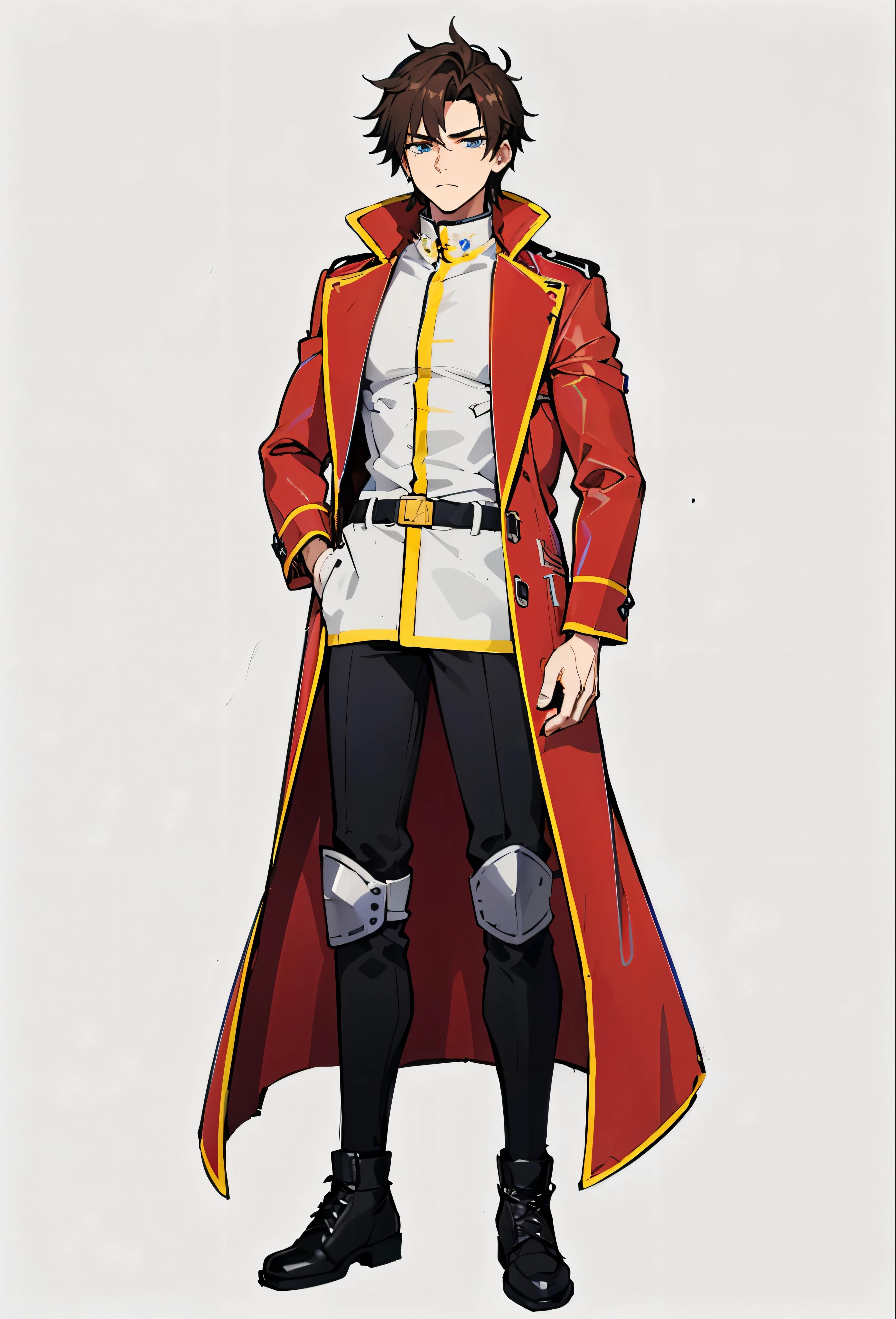 Masterpiece, best quality, (1_man), ((male body)), tall, ((full body)), standing, looking away from viewer, stern face, ((stoic)), brown hair, ((spiky hair)), blue eyes, wearing white dress uniform, long ((red) trench coat), black trousers, light grey knee pads, black combat boots, white background,