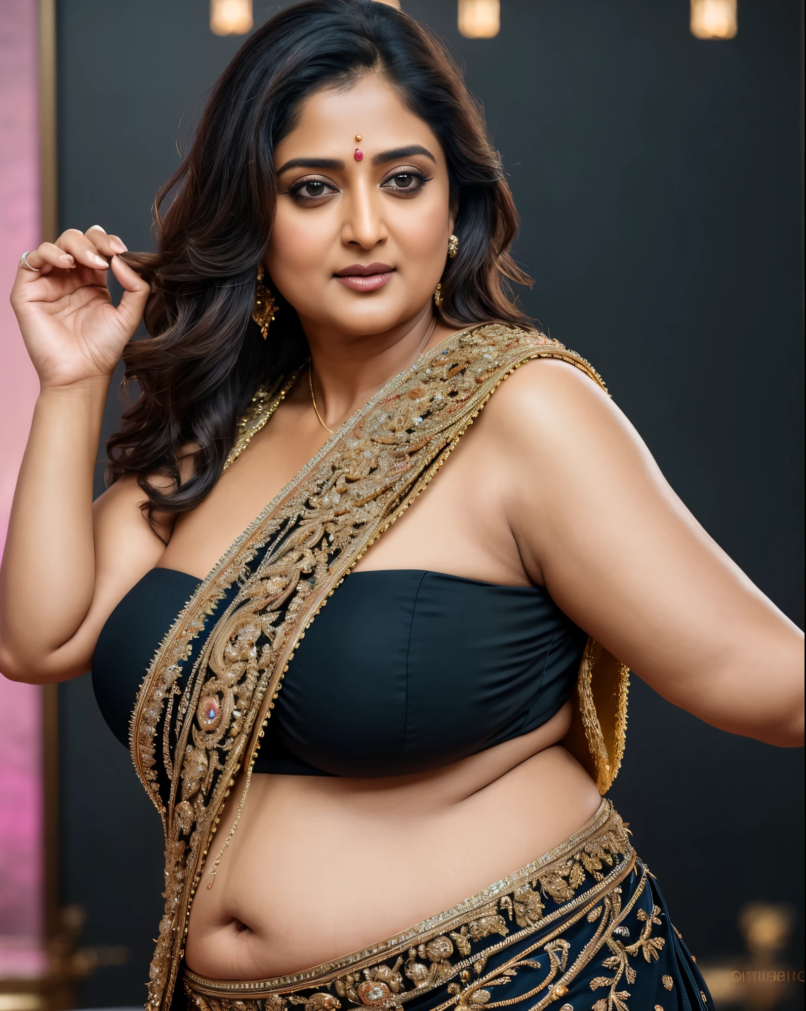 50yo mature MILF Anushka Shetty,((best quality)), ((masterpiece)), ((realistic)), sweat, alluring figure,  bulging figure, thick charming lady, curvy, thick navel, beautiful thick belly, full figured woman, eye kajal, massive breast, full body, styled hair, pierced eyes, female face,royal aura, trend on artstation , sharp focus, studio photo, intricate detail, very detailed, detailed eye, illustration, very detailed, sharp focus, digital render, professional, 4k