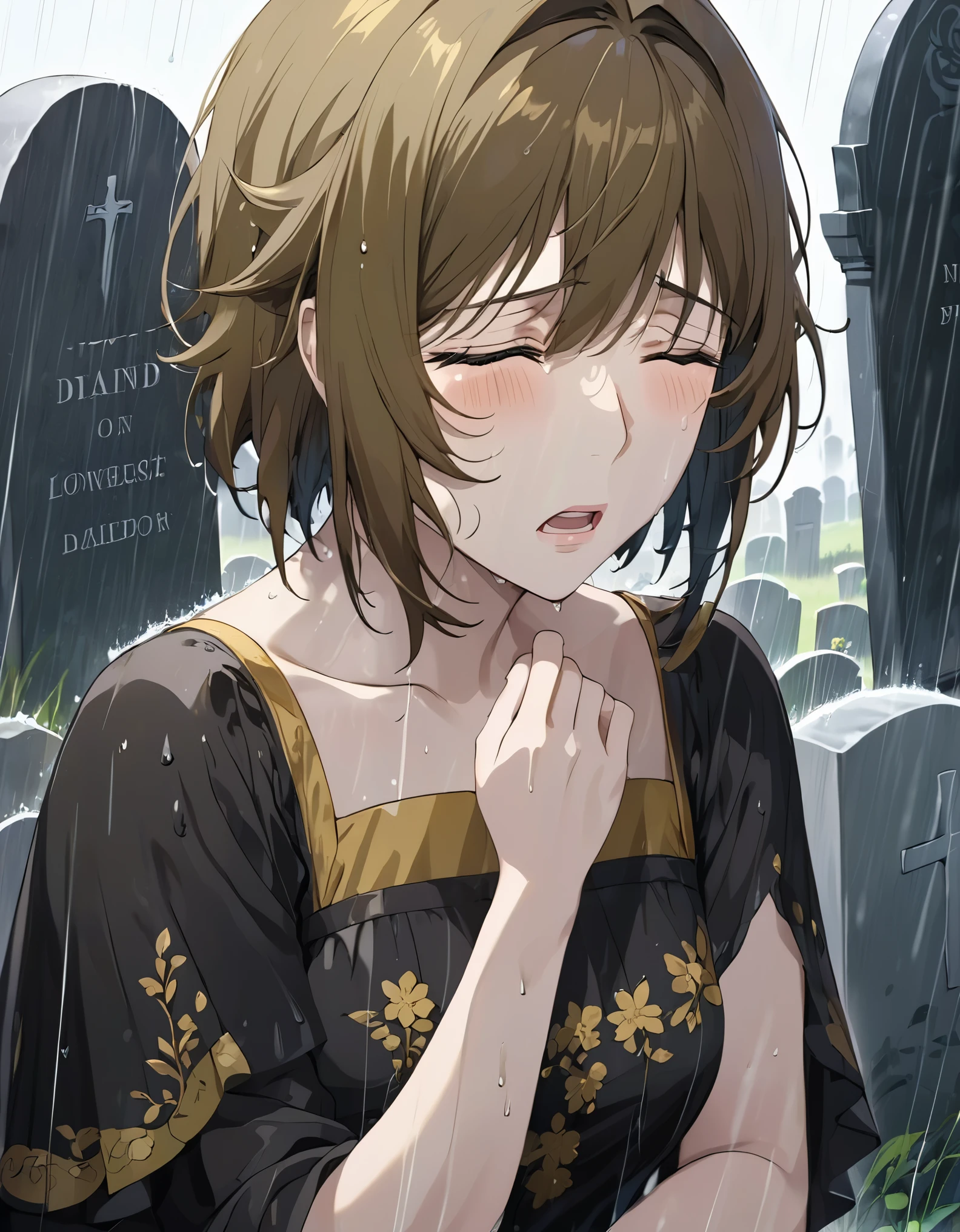 (masterpiece, best quality:1.2), short hair，Eyes are very delicate，Exquisite hair color，（（black and gold dress））in front of tombstone，Close your eyes and cry in the rain，（（Very sad crying expression）），（（tears））