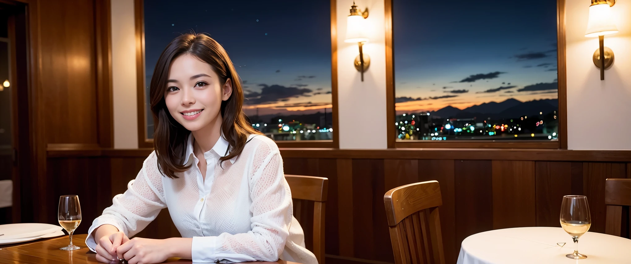 K, Hmm, highest quality, masterpiece: 1.2), (realistic, photorealistic: 1.37), Spectacular view of the sunset sKy and clouds、Amazing mountain views、slimな美女3名, (slimフェイス),Happy、 最高なsmile、Fox face、Berry Short、(because I&#39;thin), (brown hair), (shortcut), long sleeve shirt、winter fashion、Colombian、Brazilian、Japanese、Dutch、German、Portuguese、Belgian、Italian、French,Champagne、sparKling wine、 (squirt), (slimボティ), (brown hair), (shortcut), neat beauty、cheeKs turn a little red, (35 years old), 38 years old, alone, A beautiful and detailed night view spreads out outside the window....., restaurant, wine glassが座っている, At night, in a prominent place (from the Upper body) nova frog style, actress, model, Upper body, White wine, slim, wine glass, Very beautiful night view, wine glass Put in the Middle, Happy smile, (smile: 1.15), 