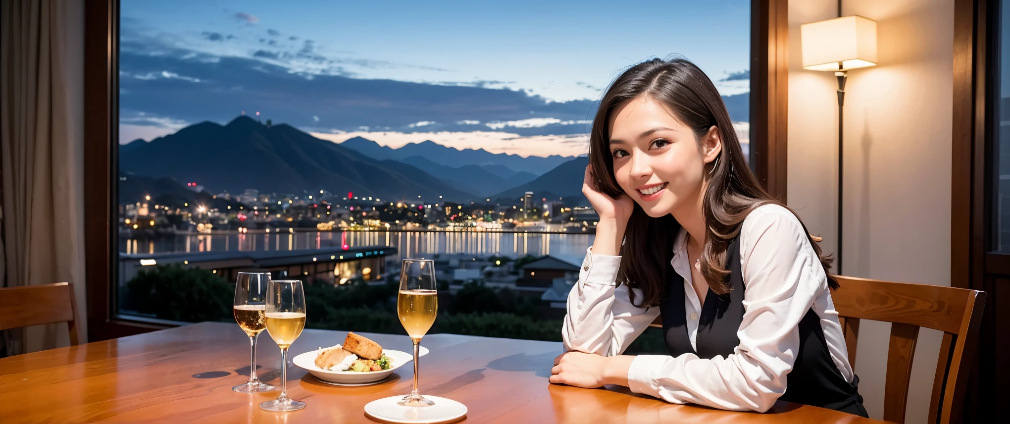 K, Hmm, highest quality, masterpiece: 1.2), (realistic, photorealistic: 1.37), Spectacular view of the sunset sKy and clouds、Amazing mountain views、slimな美女3名, (slimフェイス),Happy、 最高なsmile、Fox face、Berry Short、(because I'thin), (brown hair), (shortcut), long sleeve shirt、winter fashion、Colombian、Brazilian、Japanese、Dutch、German、Portuguese、Belgian、Italian、French,Champagne、sparKling wine、 (squirt), (slimボティ), (brown hair), (shortcut), neat beauty、cheeKs turn a little red, (35 years old), 38 years old, alone, A beautiful and detailed night view spreads out outside the window....., restaurant, wine glassが座っている, At night, in a prominent place (from the Upper body) nova frog style, actress, model, Upper body, White wine, slim, wine glass, Very beautiful night view, wine glass Put in the Middle, Happy smile, (smile: 1.15),