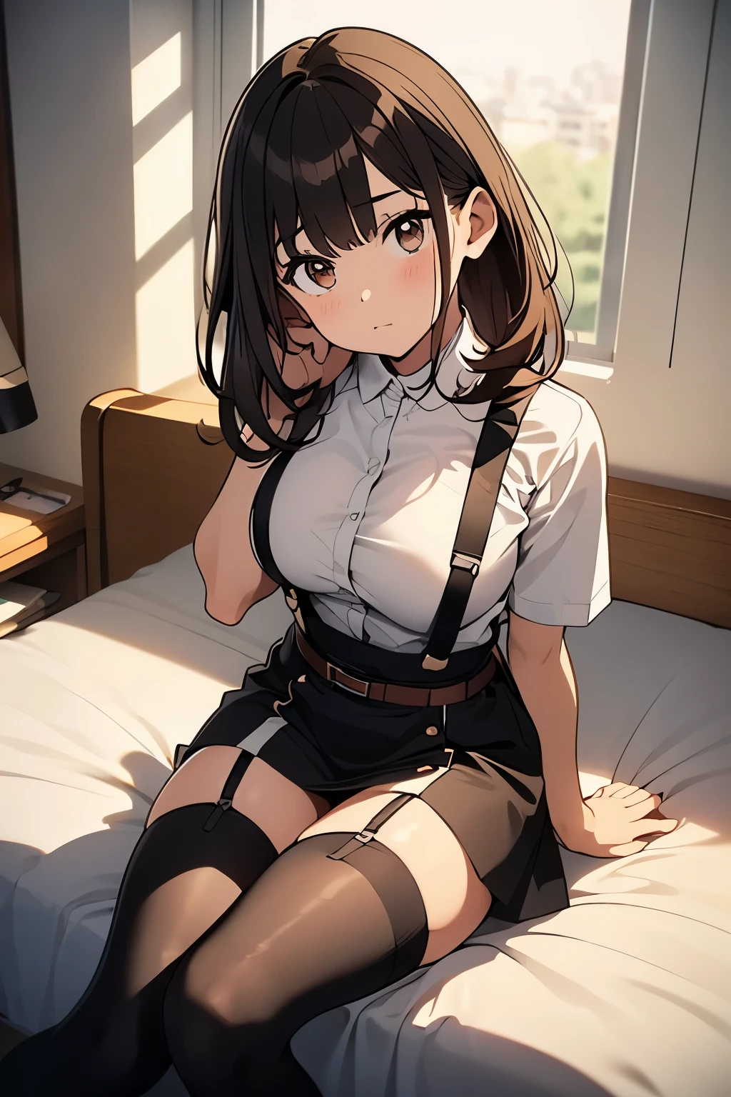 brown hair、looking at the viewer suspenders big swollen breasts black mini skirt garter belt knee high socks Aerial perspective small face bangs Beauty hands up sideways view black boots provocation one person hands behind put your hands behind your back Hands behind your back With your hands behind your back armed holster Belt Garter Bell Black Gloves with Holes A Hotel Room Bed wall side blonde
