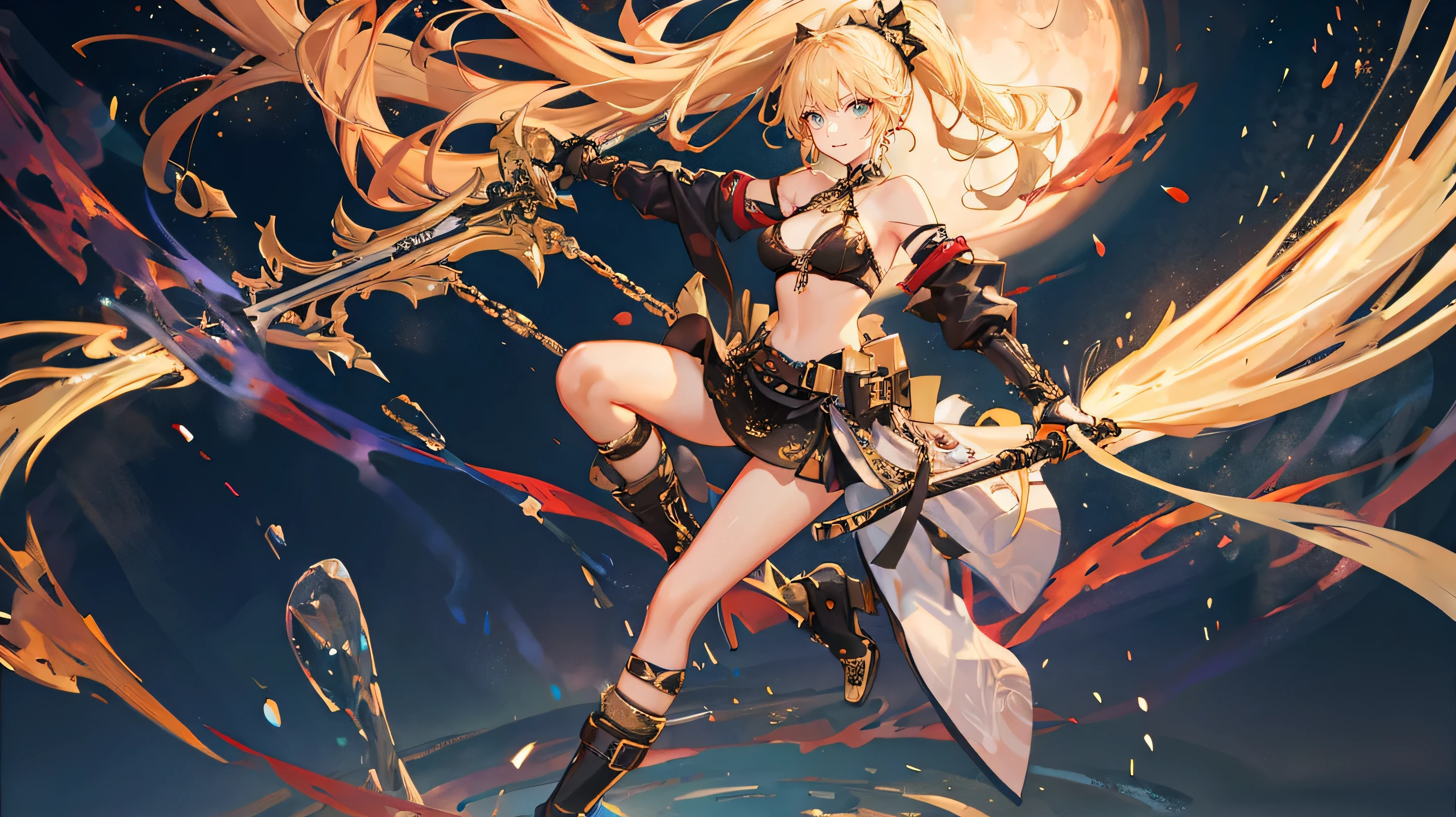 Handsome pose holding a giant sword,blonde,single ponytail,Full body single,background aurora,Ultra short black mini skirt,Sexy breasts