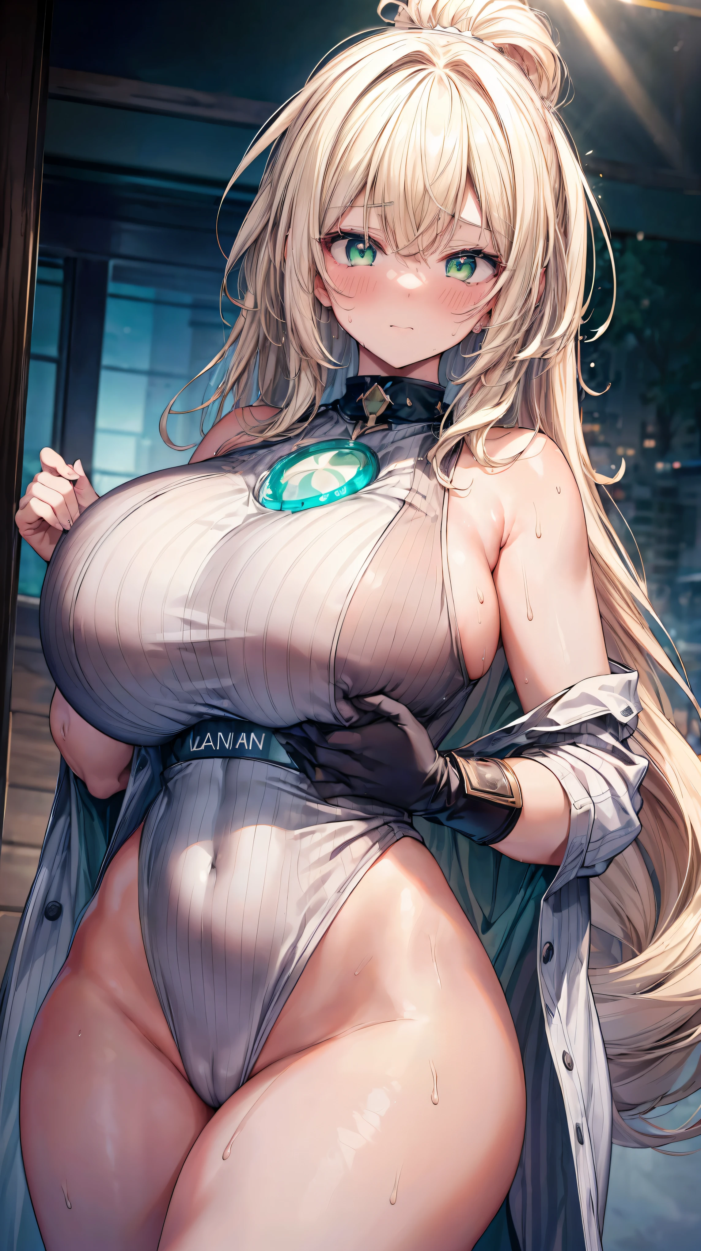 blonde wavy hair、cute anime face、thick thighs、8K、4k、highest quality、(High resolution:1.6)、noise reduction、((glowing green eyes、high detail eyes:1.5、Sweat、blush、open your mouth))、(SFW huge body:1.5)、(((model pose)))、(white calvin klein underwear)、(sexy back view、arched back、T-back that digs into your butt、emphasize the buttocks)