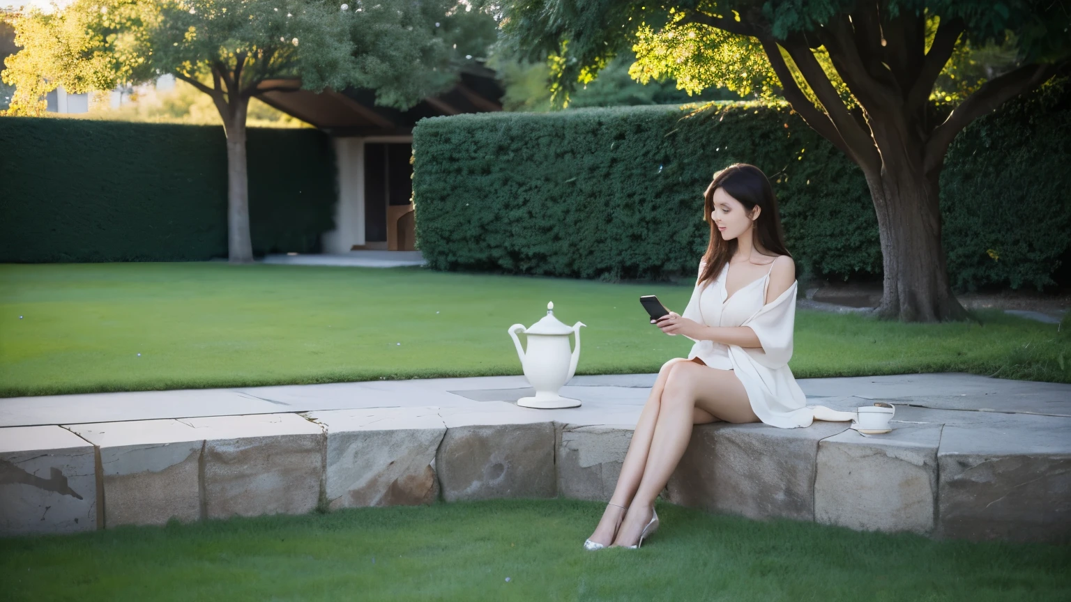 A long shot of a beautiful European and American woman sitting on a stone playing with her mobile phone next to a teacup on the grass in the courtyard