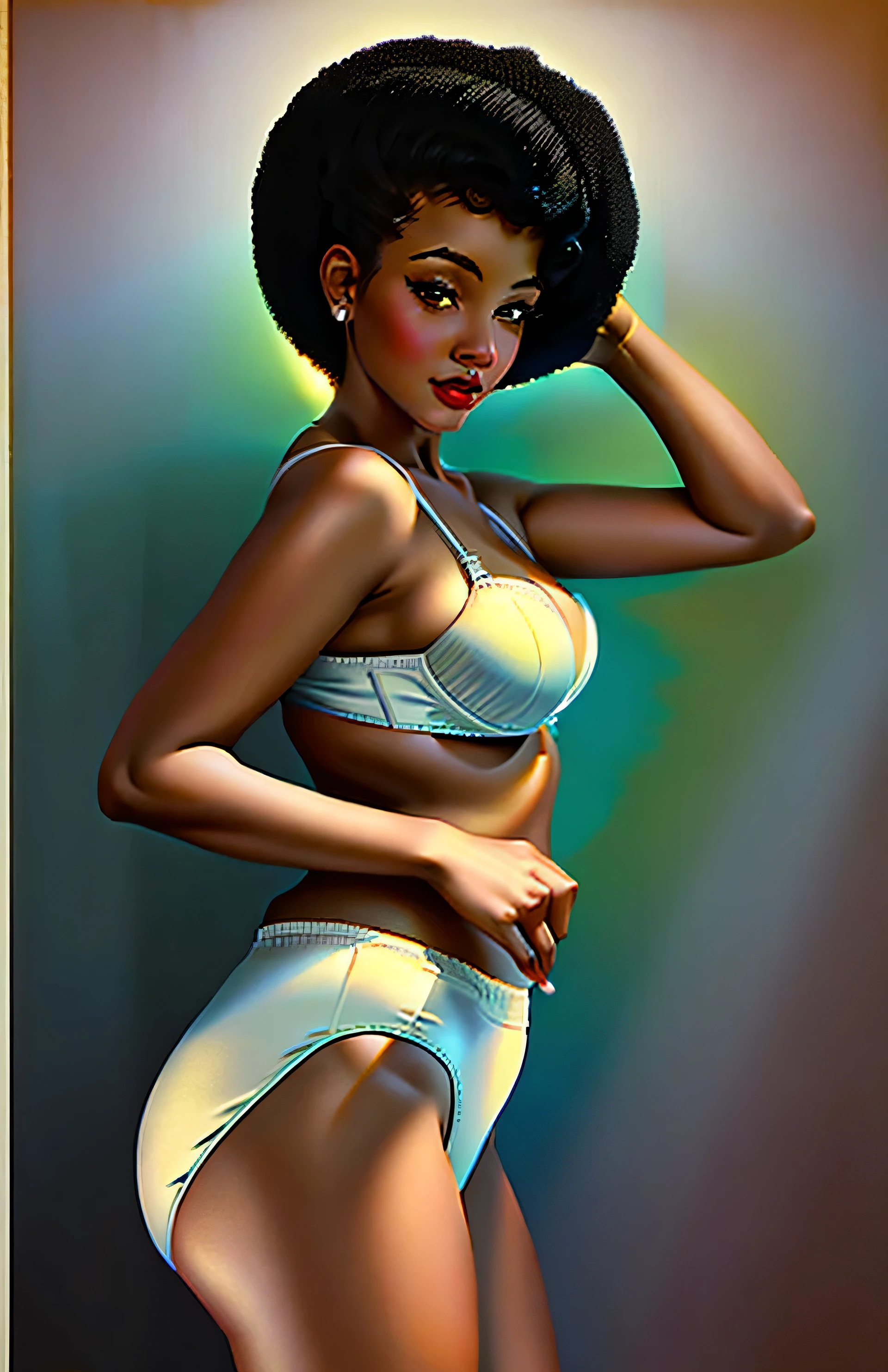 ((((masterpiece, best quality)))), ((33 year old)), (((Curvy))), ((Black woman with black afro)), in ((white bra)), ((white high cut fullback panties)), ((Large Hips)), ((Standing in a cluttered bathroom)), ((((realistic art style, 50's pinup art))))