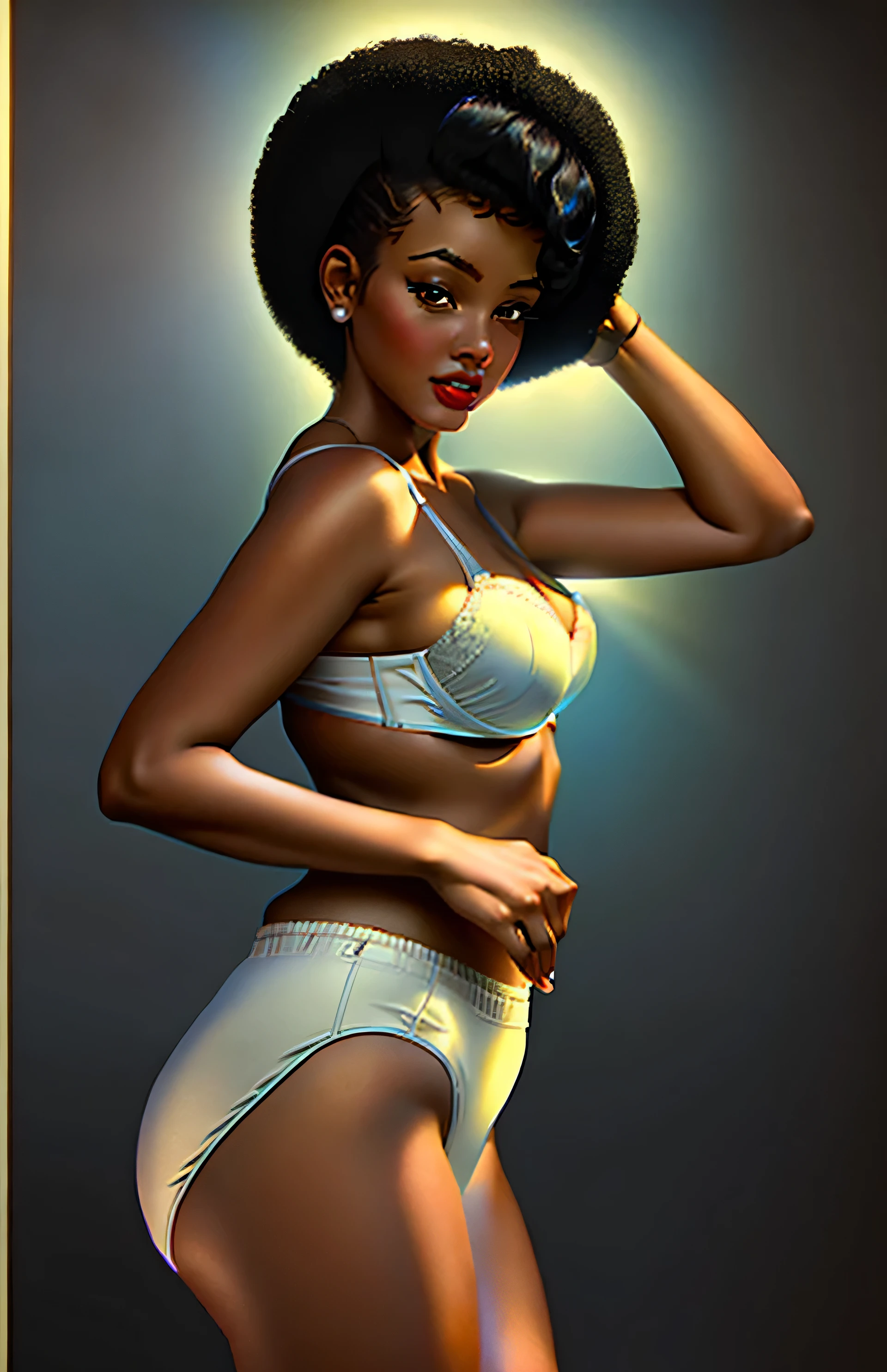 ((((masterpiece, best quality)))), ((33 year old)), (((Curvy))), ((Black woman with black afro)), in ((white bra)), ((white high cut fullback panties)), ((Large Hips)), ((Standing in a cluttered bathroom)), ((((realistic art style, 50's pinup art))))