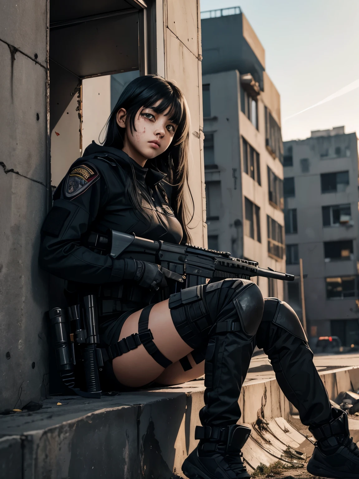 r girl (black hair, face with some bloody wounds, wearing a tactical suit and holding a rifle), background (night urban), teenager girl sitting on the ruin with a glimpse of shadow