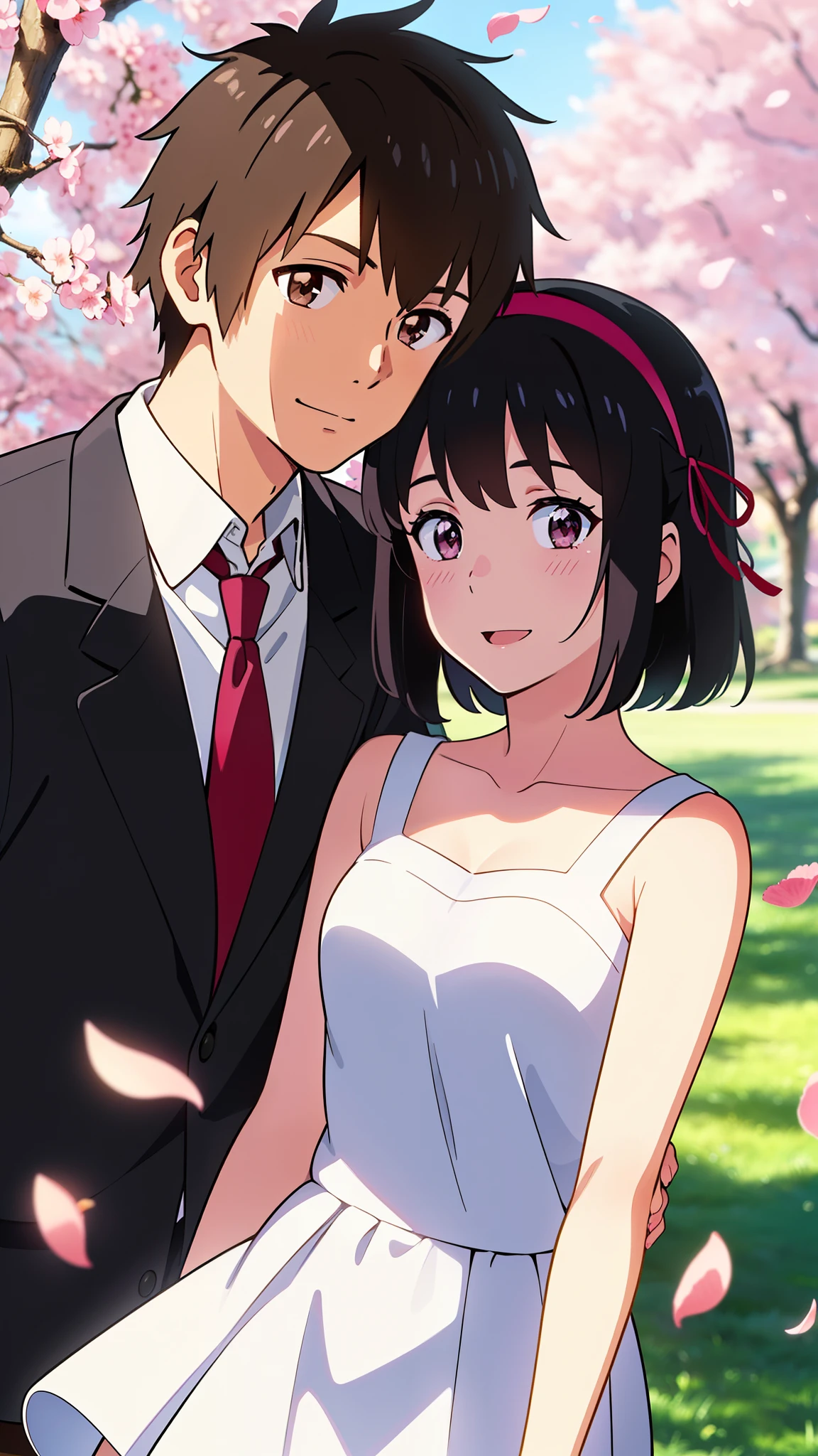 shinkai makoto, kimi no na wa., 1girl, 1boy, bangs, black hair, (boy wear white shirt), ((girl wear white dress, short dress, red headband), short sleeves, blush, bright eyes, brown eyes, red ribbon, short hair, smile, cute, beautiful, open mouth, love, adorable, couple, dating, looking at the viewer, cherry_blossoms, falling_petals, petals, branch, pink_flower, sky, sunlight, spring_season, wind, tree, upper body