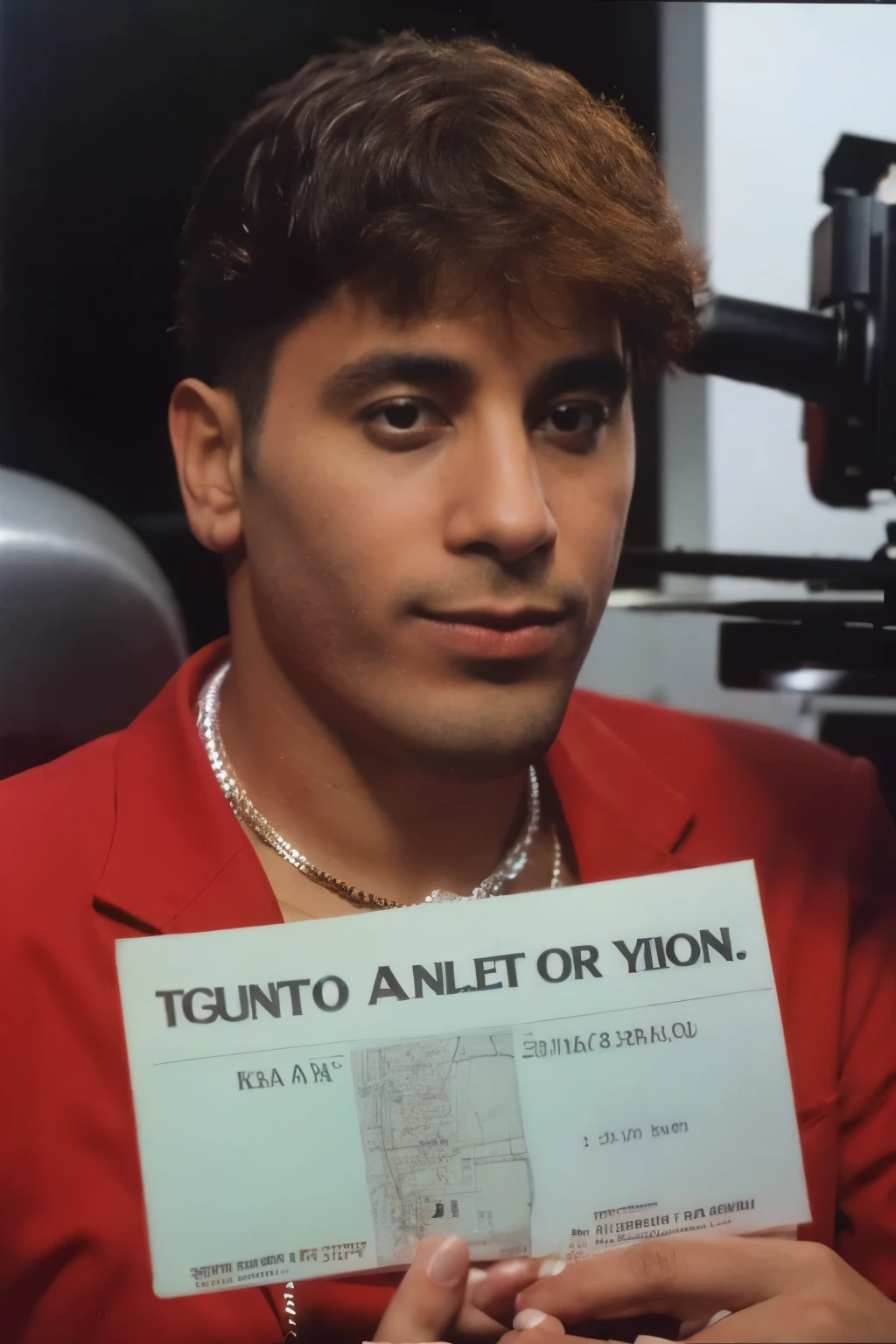 1boy, MAAU, lphotos from the 80s,retro photo, the criminal was caught, photo installation or "mugshot" zone, he holds a criminal's sign in his hand, masterpiece, high quality,Masterpiece