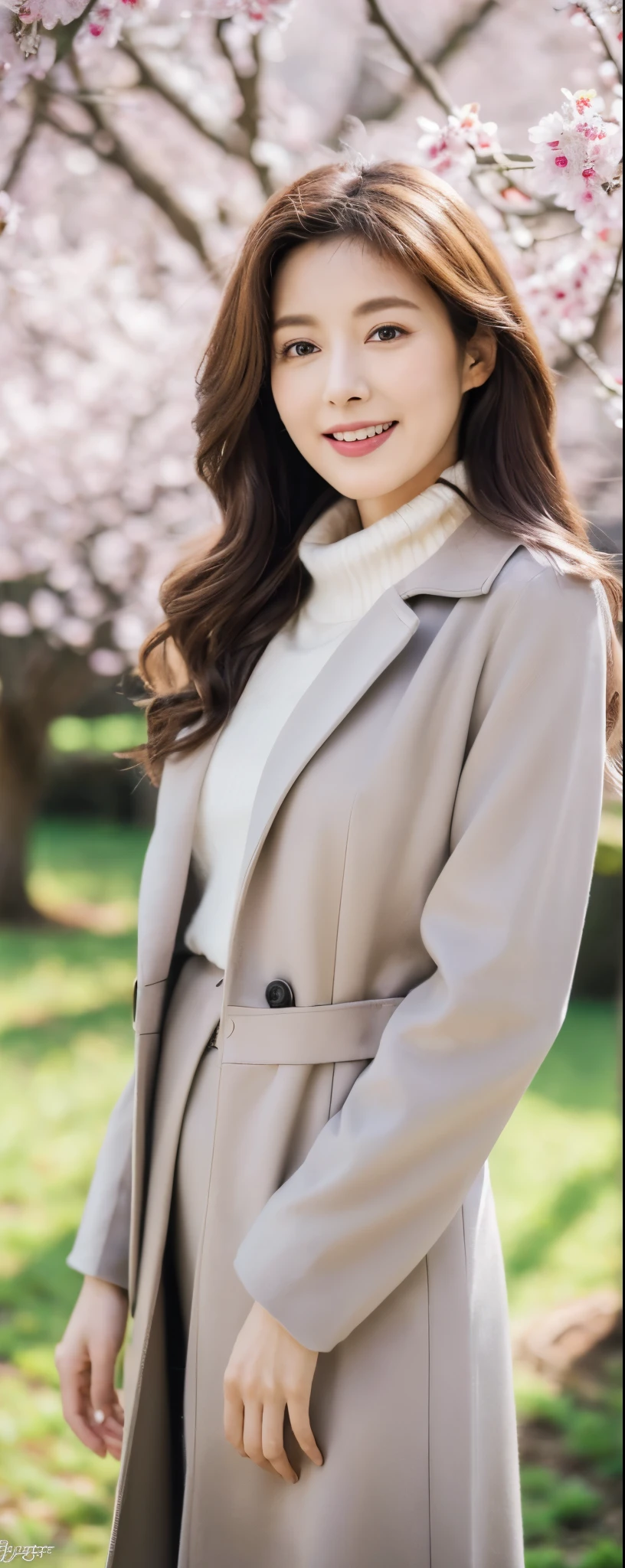 (8k, RAW photos, top quality, masterpiece: 1.2, ultra detailed, super resolution, real photos: 1.37), (Full body:1), 1 noble elegant Japanese lady, (standing contrapposte), spring season, ((pale color coodinate, wearing middle-size nouton coat, spring fluffy scarf, grey long skirt, legging, wearing long boots)), Shiny, Smile, Looks like 1.8 meters tall, large pelvis, Large breasts, big cuvy hips, Thin waist, Long legs, skin hyper-detail, 20 years old, Perfect face, (Detailed facial features), Wavy hair, Daylight, spring season, Omotesando,