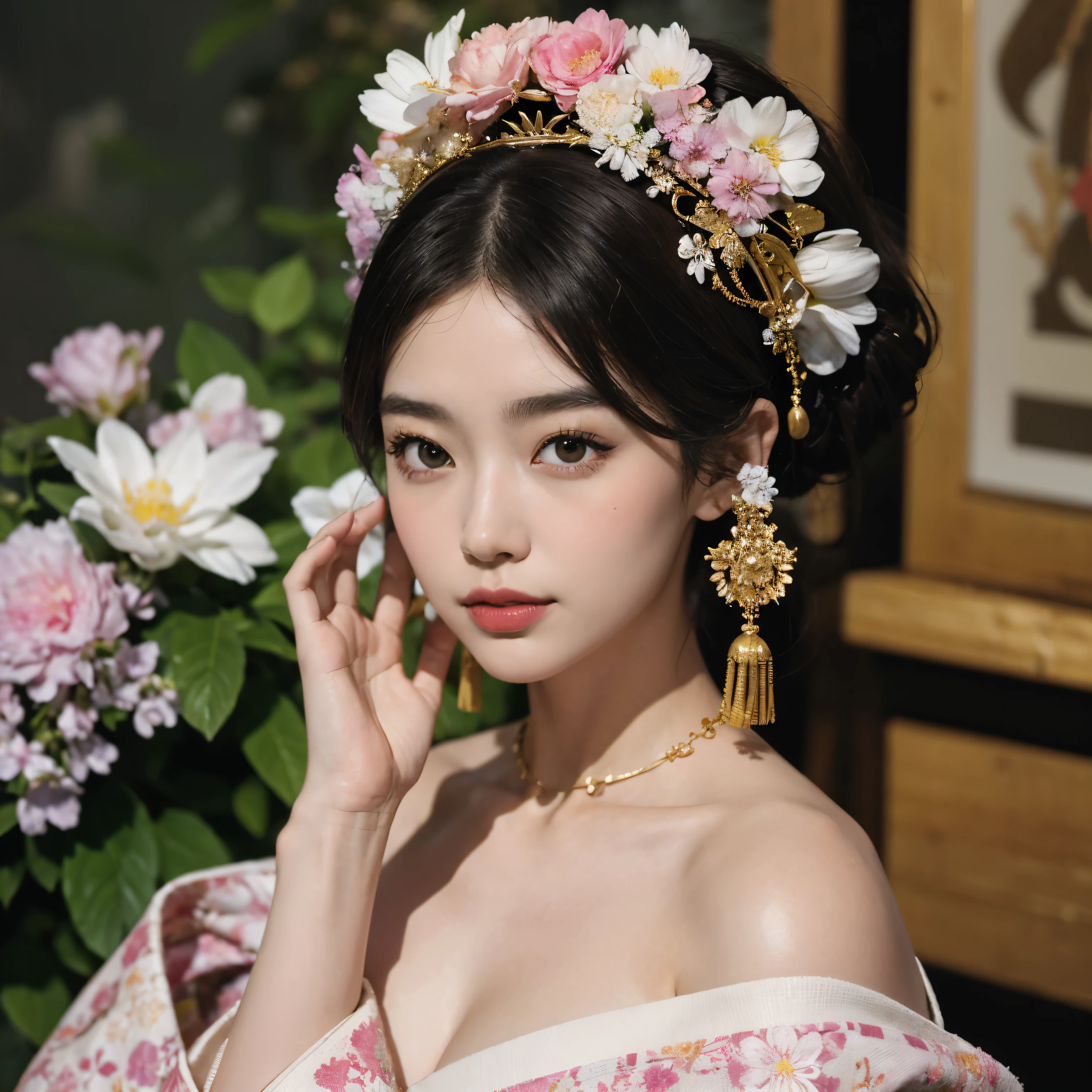 In a futuristic scene, Geisha in Japan with mechanical reinforcement、Elegant in elaborate gardens. She has beautifully detailed eyes and lips that complement her face.. Les geishas portent des kimonos traditionnels avec des motifs et des dessins complexes. Around her are bright cerisier and a quiet carp pond. The scene is painted with a mixture of'illustration et de photoréalisme, Ultra-detailed brushstrokes and clarity, Des couleurs vives. L'éclairage souligne les traits élégants de la geisha, Donne à sa peau de porcelaine un éclat doux. The works of'art are of the highest quality, Résolution 4K ou 8K, Showcase the Intricate Details of Geisha Outfit, cerisier, And the shimmering scales of the carp. La palette de couleurs globale est、C'est une combinaison de nuances traditionnelles du Japon, cramoisi, etc.., les noirs, and subtle golden accents, very flowery with cherry trees. La fusion des traditions anciennes et des fleurs de cerisier ,du printemps japonais、Create captivating, visually striking masterpieces.(shoulders are exposed), un air hautain, hautaine,La poitrine est visible、Vous pouvez voir la vallée、sont visibles、exposed shoulders、(collier en dentelle:1,2),Chest revealed、(Off the shoulder style)