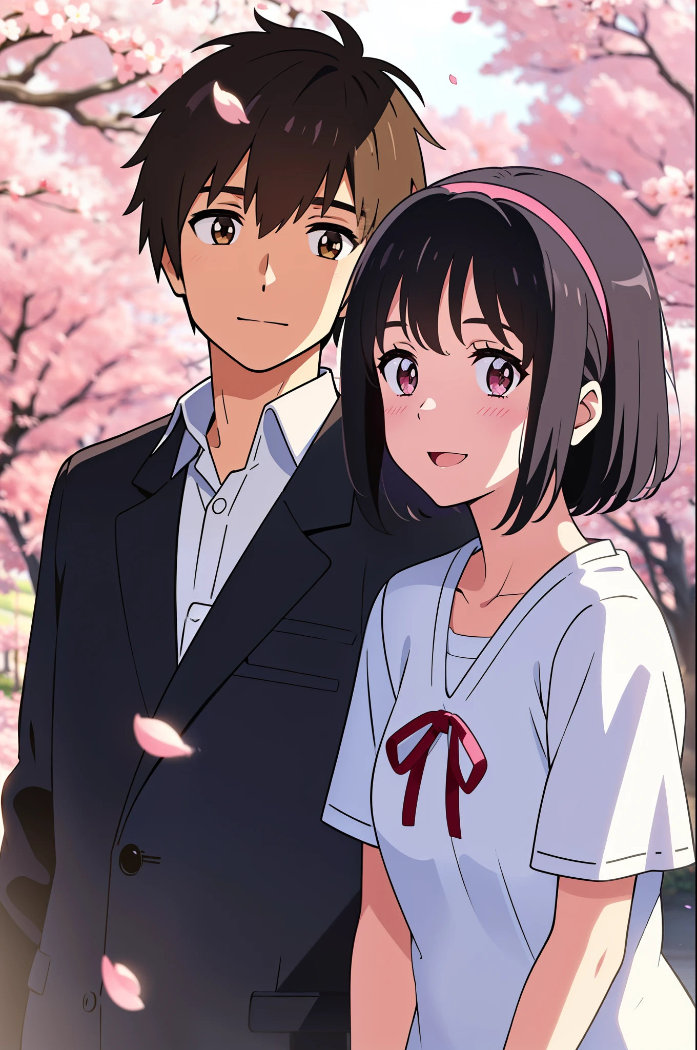 shinkai makoto, kimi no na wa., 1girl, 1boy, bangs, black hair, (boy wear white shirt), ((girl wear white dress, short dress, red headband), short sleeves, blush, bright eyes, brown eyes, red ribbon, short hair, smile, cute, beautiful, open mouth, love, adorable, couple, dating, looking at the viewer, cherry blossoms, falling petals, petals, branch, pink flower, sky, sunlight, spring season, wind, tree, upper body