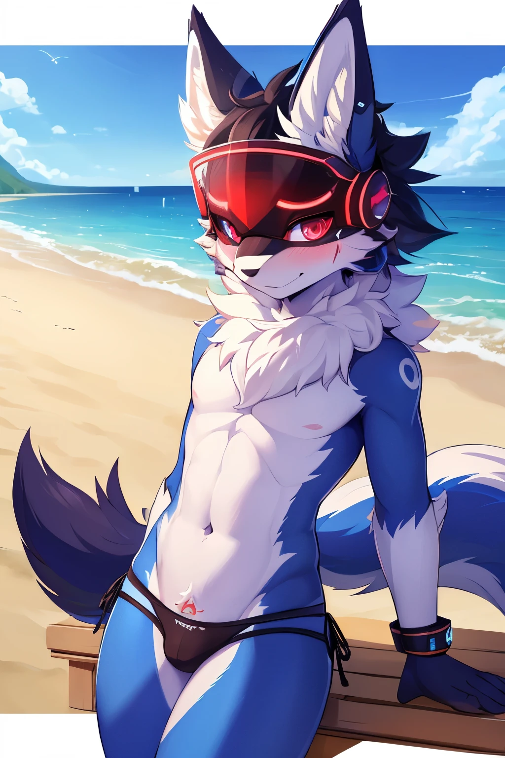 ((best quality, masterpiece, perfect anatomy, detailed picture)), 1male, andromorph, arctic protogen, long visor, blue visor, ruby eyes, sexy body, tribal clothing, panties, fluffy tail, red blushing, shy, in the beach, front view