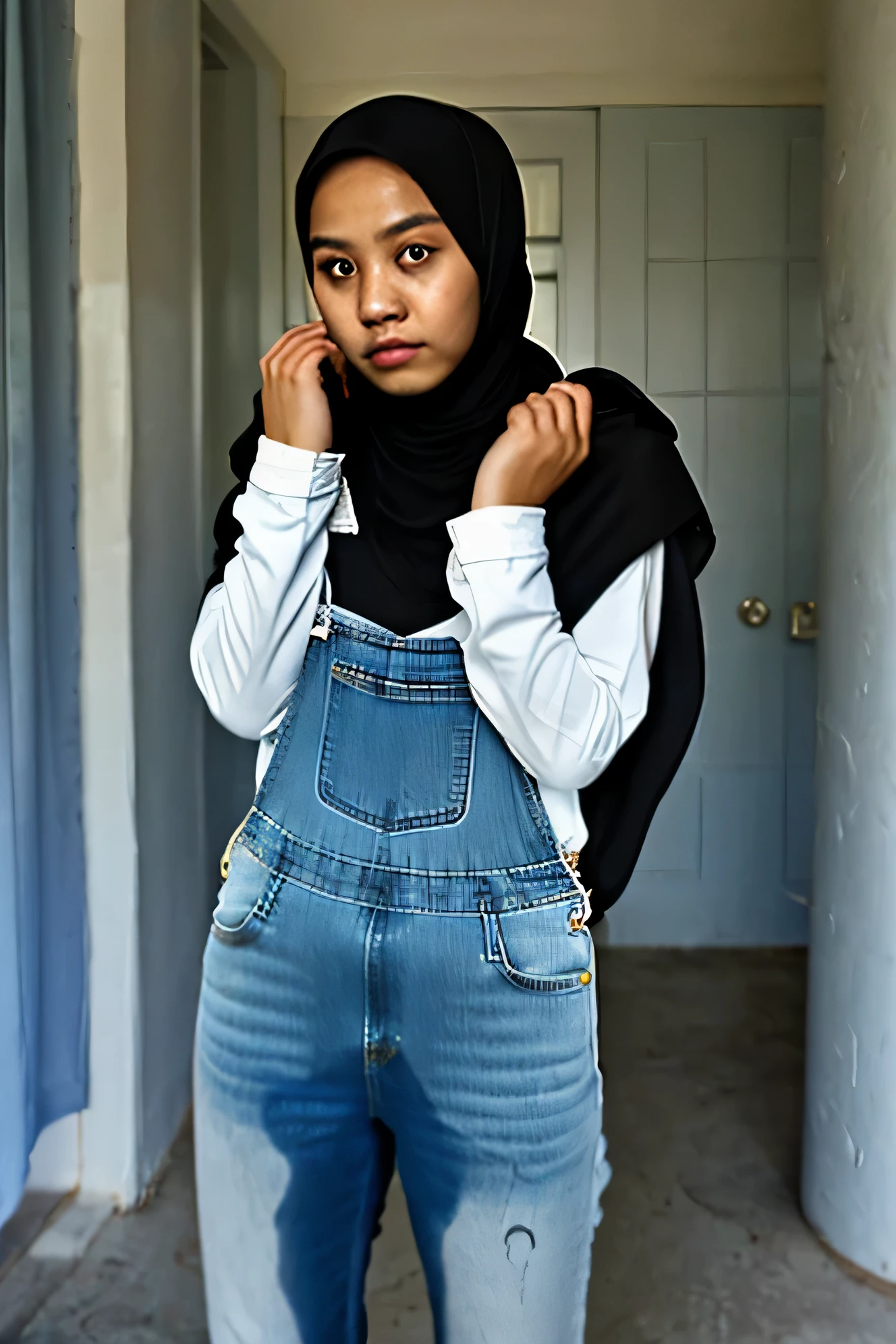 Photo, Girl, teens, ((peing herself)), Wearing black hijab pashmina, standing, light blue overalls, white long shirt, shocked, inside, , holding back pee, white skin, indonesian face, cute face