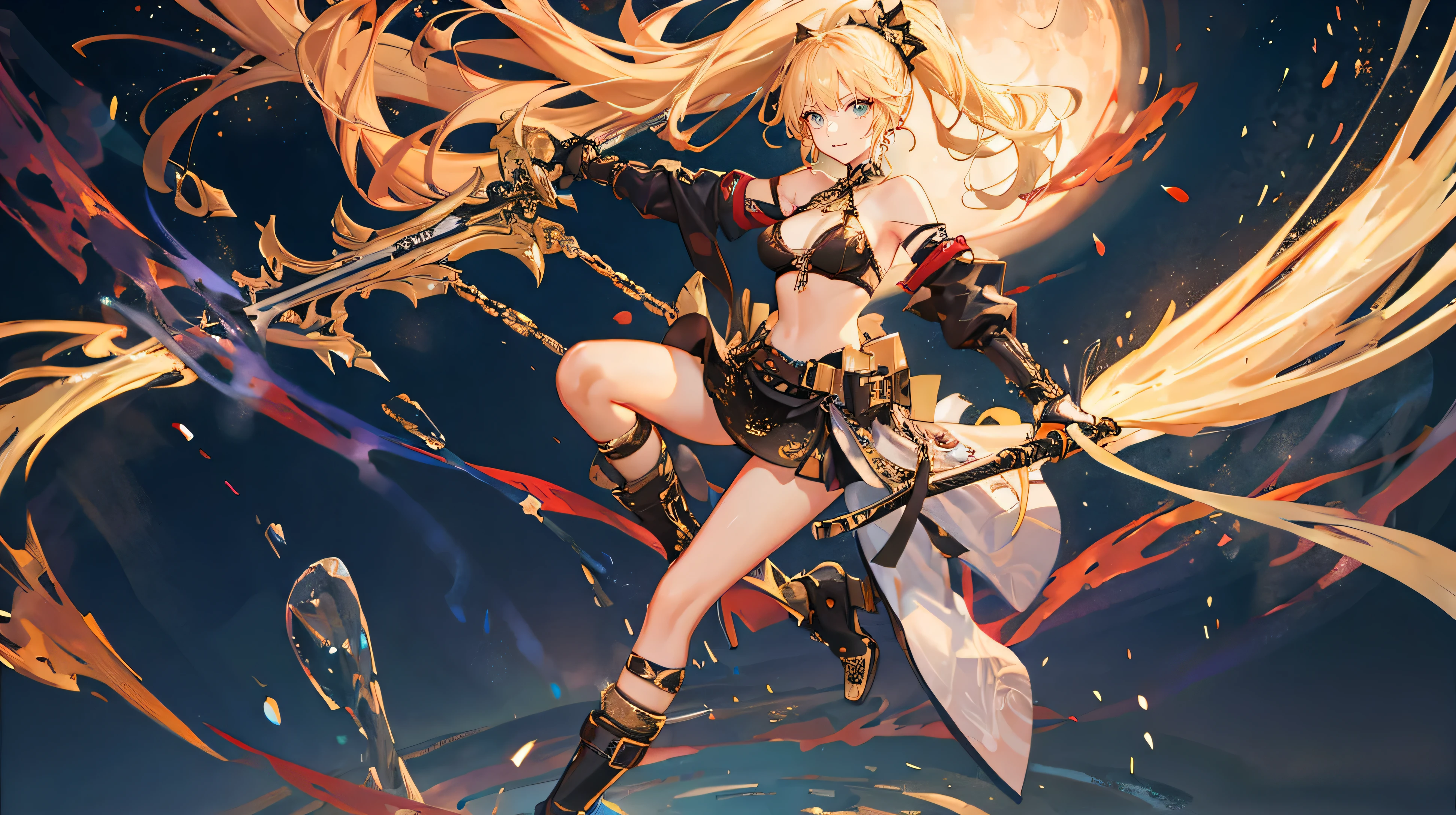 Handsome pose holding a giant sword,blonde,single ponytail,Full body single,background aurora,Ultra short black mini skirt,Sexy breasts