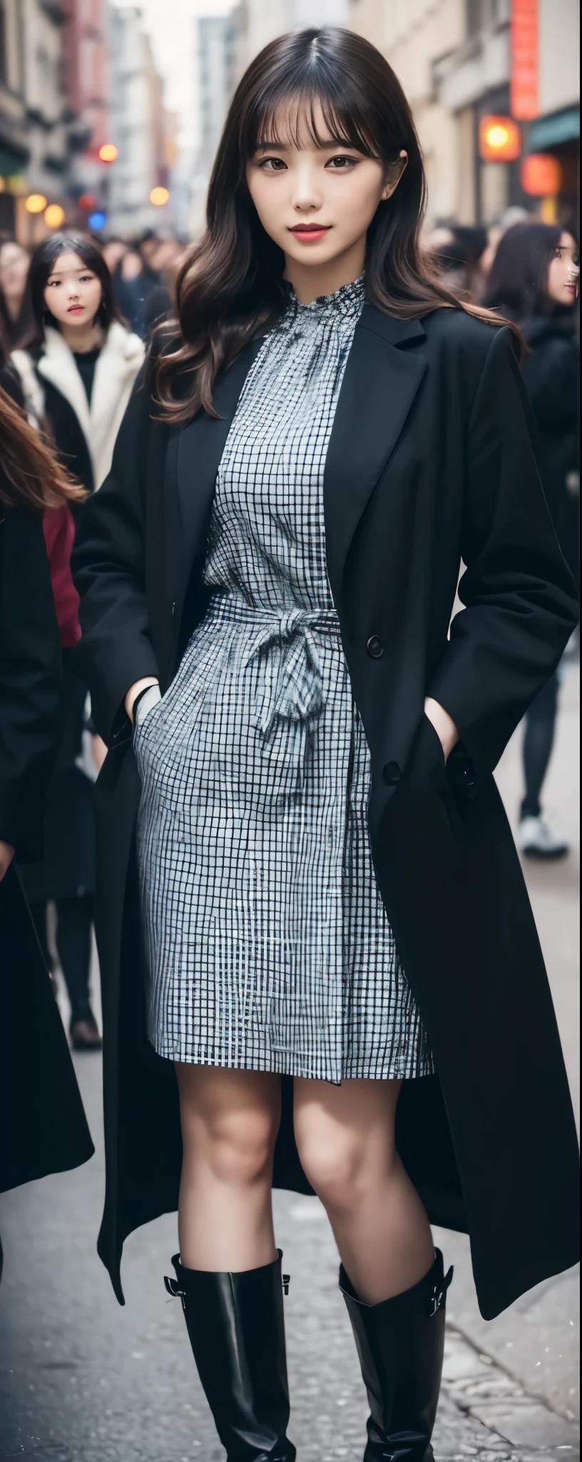 (8k, RAW photos, top quality, masterpiece: 1.2, ultra detailed, super resolution, real photos: 1.37), (Full body photo), 1 noble elegant Japanese lady, (standing contrapposte), spring season, ((black color coodinate, wearing over-size black coat, pale color plaid long skirt, black tights, wearing long boots)), Shiny, Smile, Looks like 1.8 meters tall, large pelvis, Large breasts, big cuvy hips, Thin waist, Long legs, skin hyper-detail, 20 years old, Perfect face, (Detailed facial features), Wavy hair, Daylight, spring season, center of street, crowd of people,
