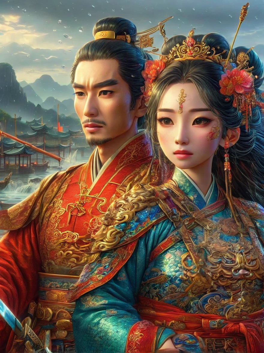 Chinese general and beautiful concubine standing by the river，Both of them had tears on their faces，Sadness and crying。((The general holds his sword to his neck:1.5))，despair，((The princess burst into tears beside him))，sad scene，downpour，Emphasizing the extent of their tragedy and the emotional depth of their farewells，traditional Chinese attire, and emotional expressions should all contribute to a vivid portrayal of their tearful, heartbreaking moment.